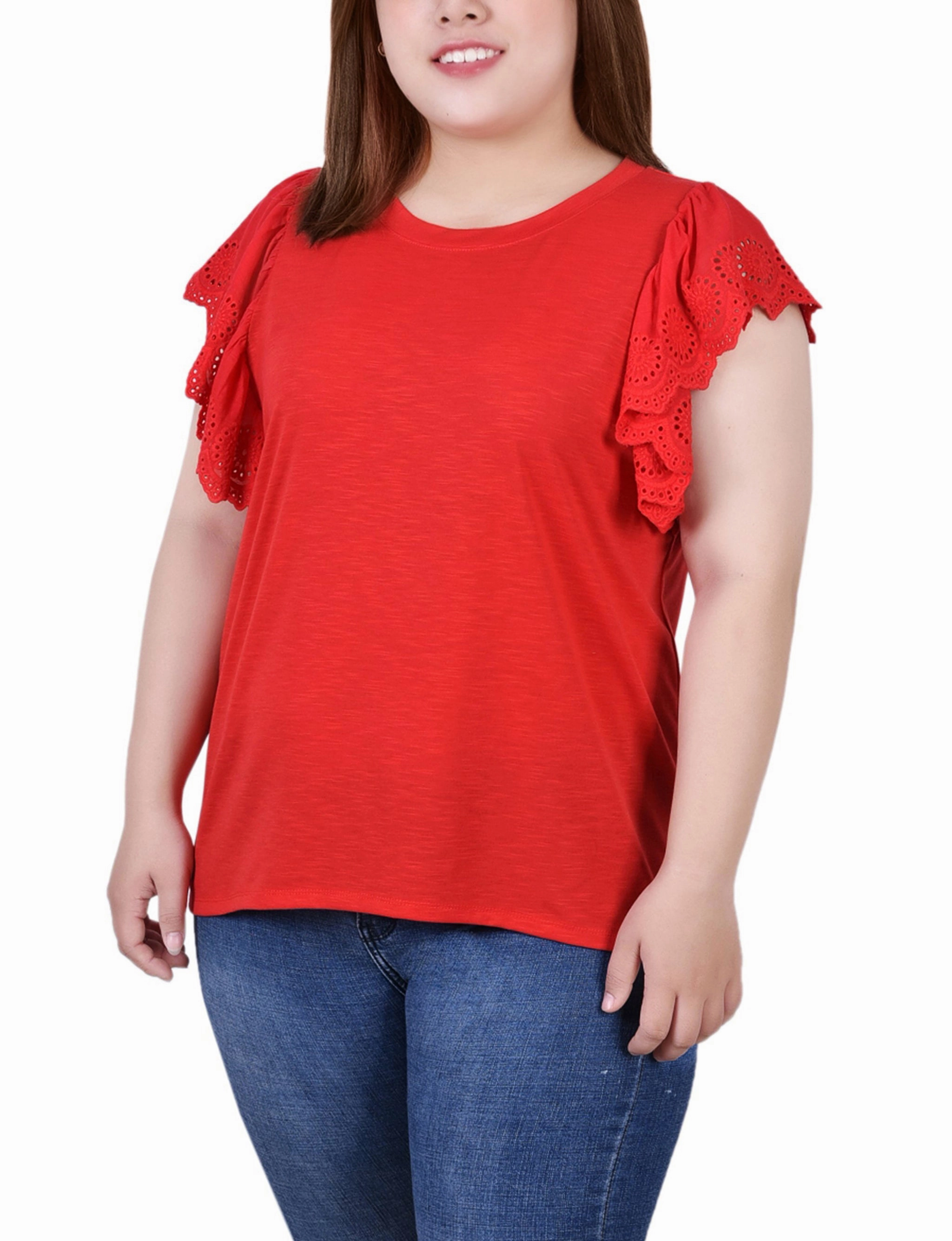 MinimalistSilhouette Thermal Regulation Fabric Plus Size Flutter Sleeve Slub Knit Top