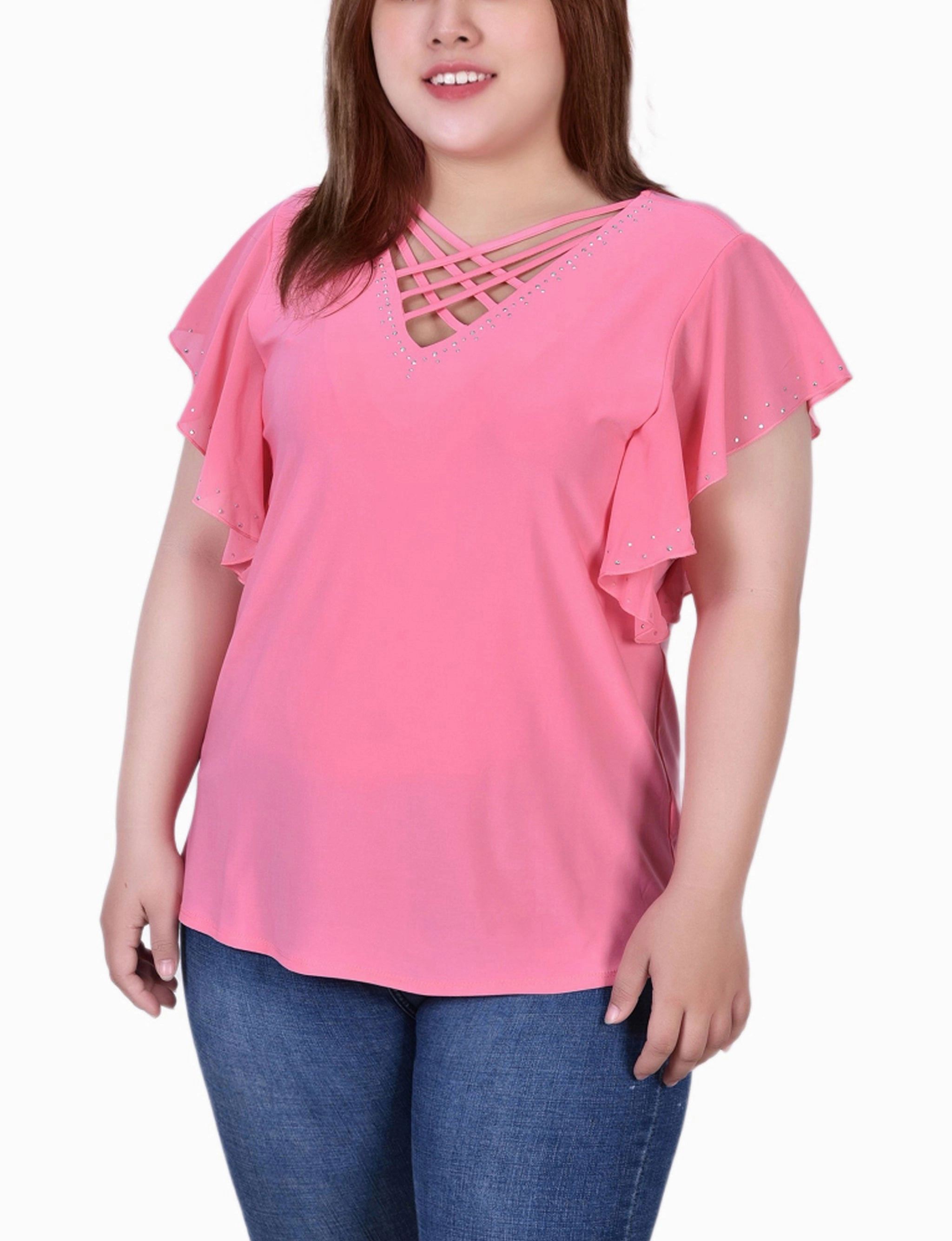 Plus Size Flutter Sleeve Top With Criss Cross Strips OdorResistantTechnology