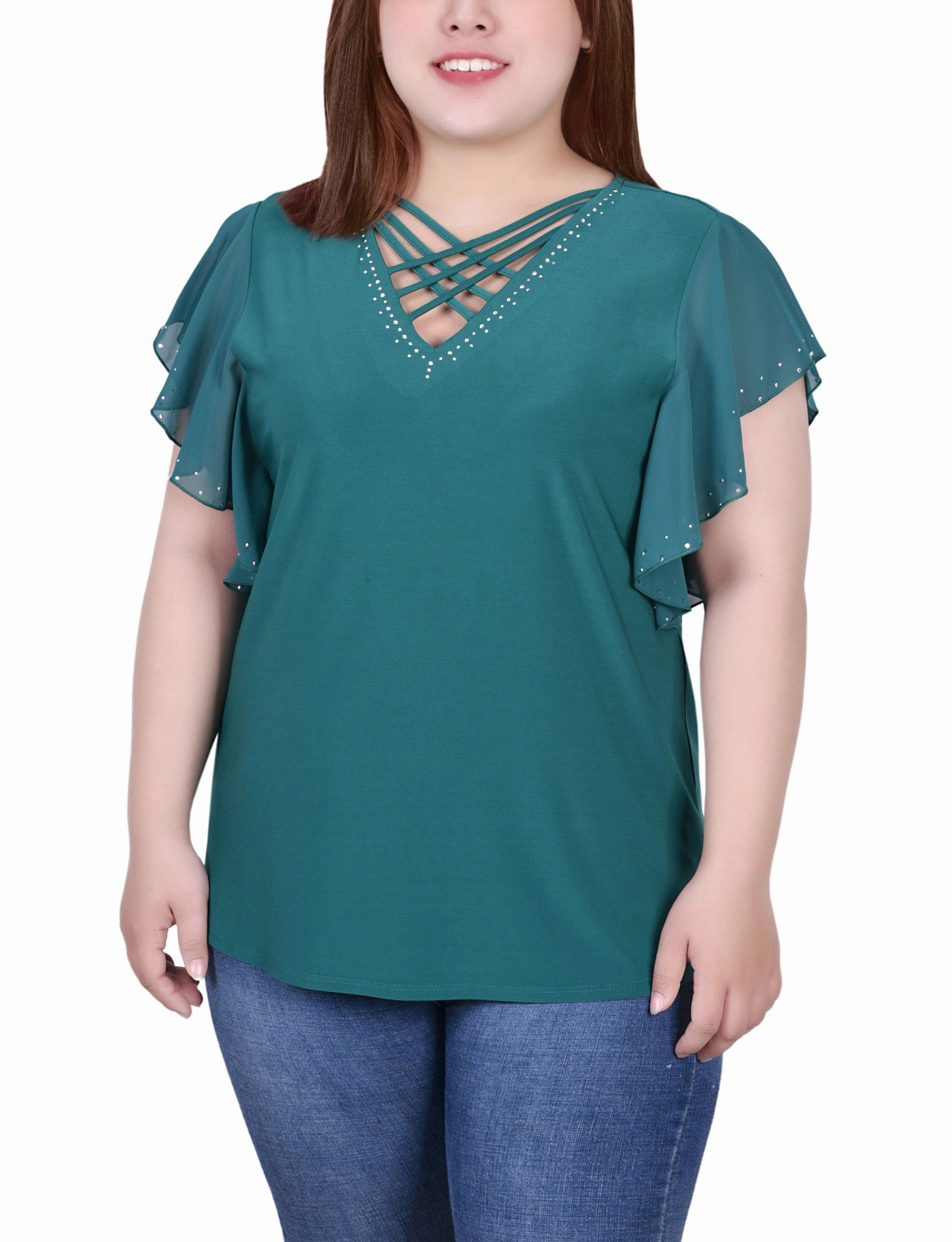 Plus Size Flutter Sleeve Top With Criss Cross Strips Moisture Wicking Fabric