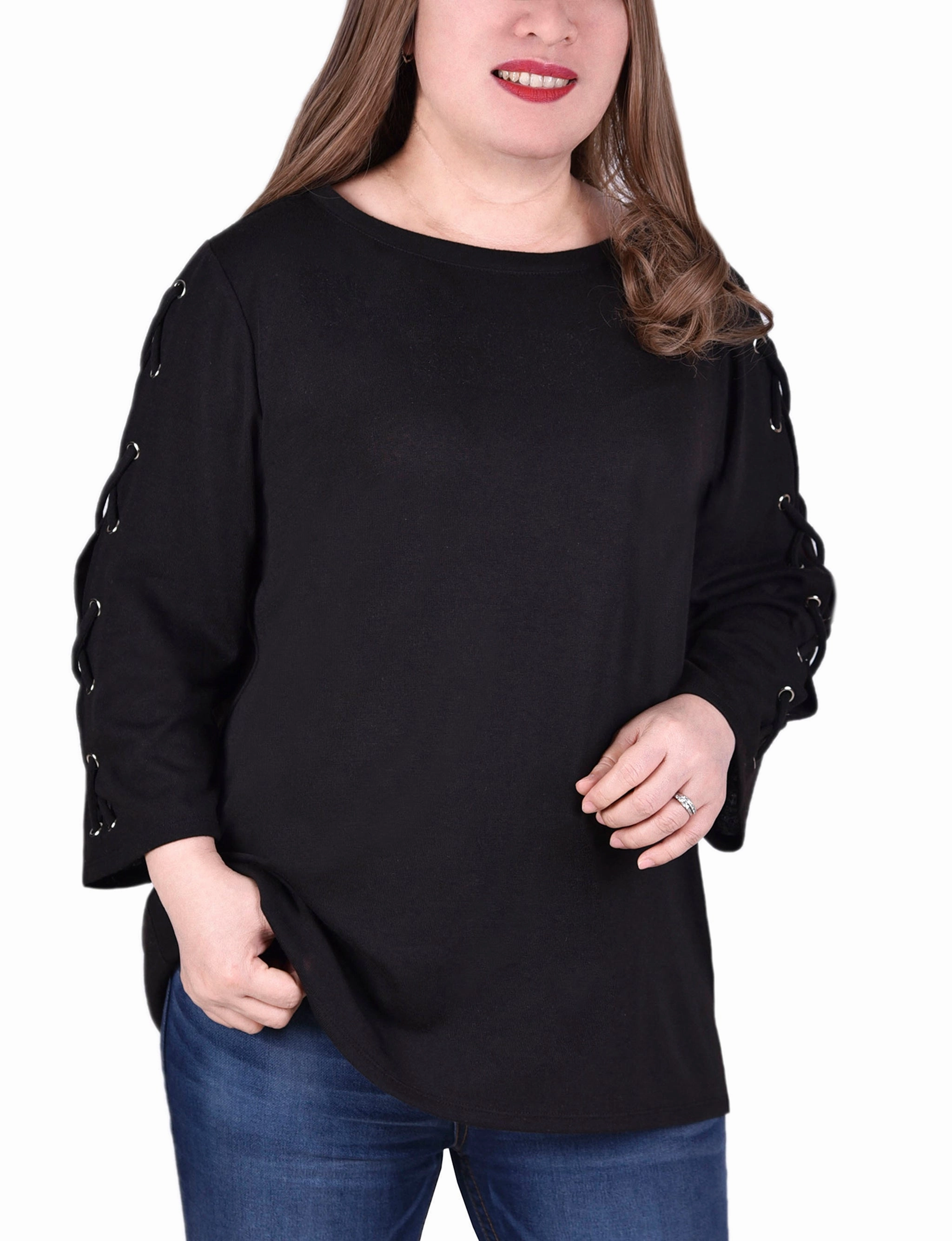 Plus Size Laced Sleeve Top BondedShoulder EcoFriendlyTexture