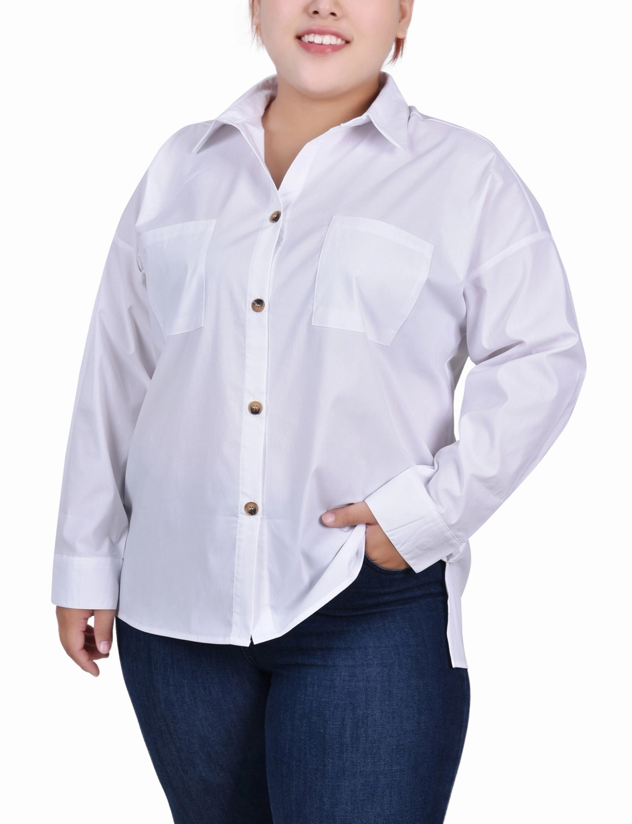 ContrastStitching Plus Size Long Sleeve Blouse With Chest Pockets