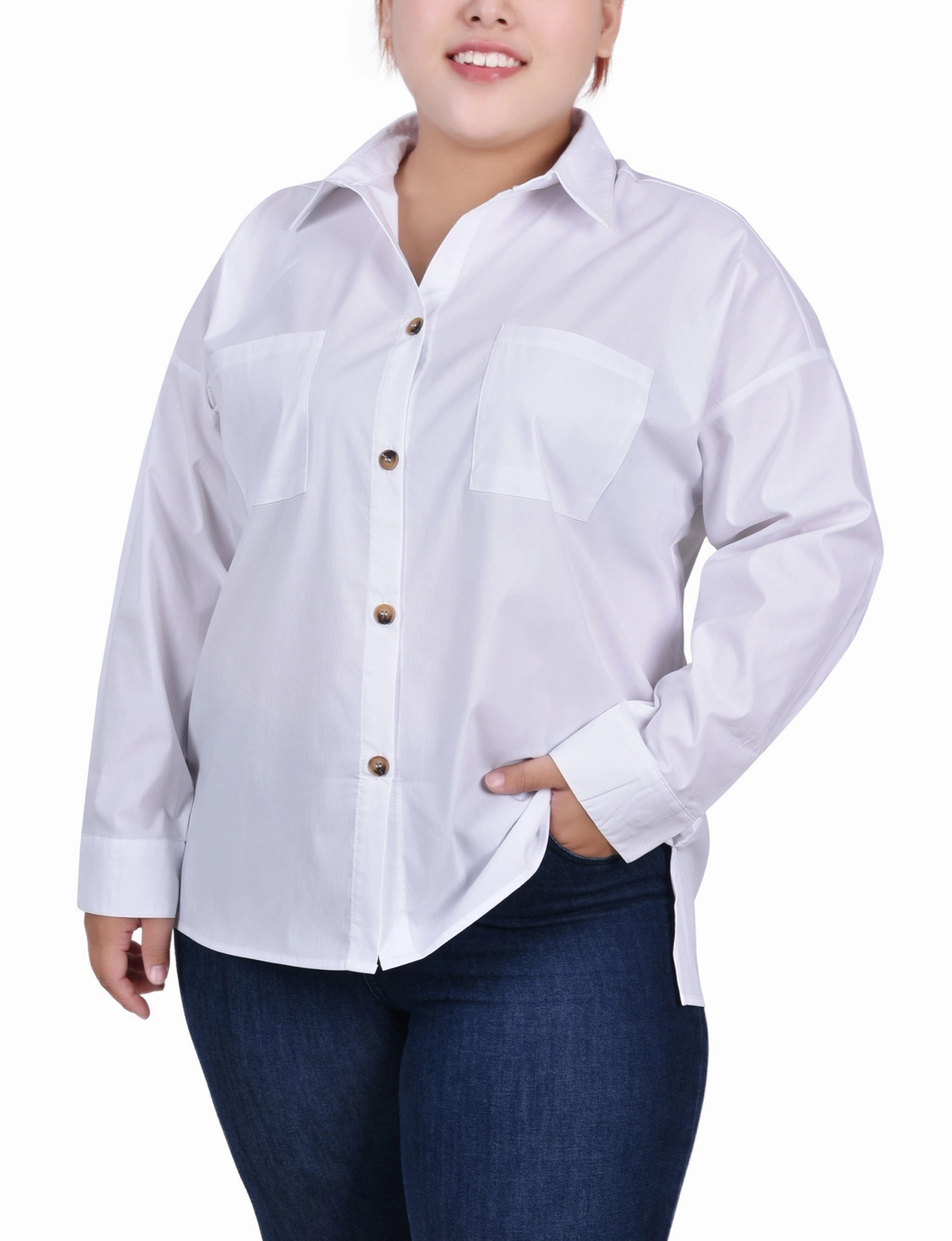 Thermal Regulating Fabric Plus Size Long Sleeve Blouse With Chest Pockets