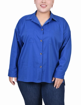 Plus Size Long Sleeve Blouse With Chest Pockets Temperature Regulating Fibers