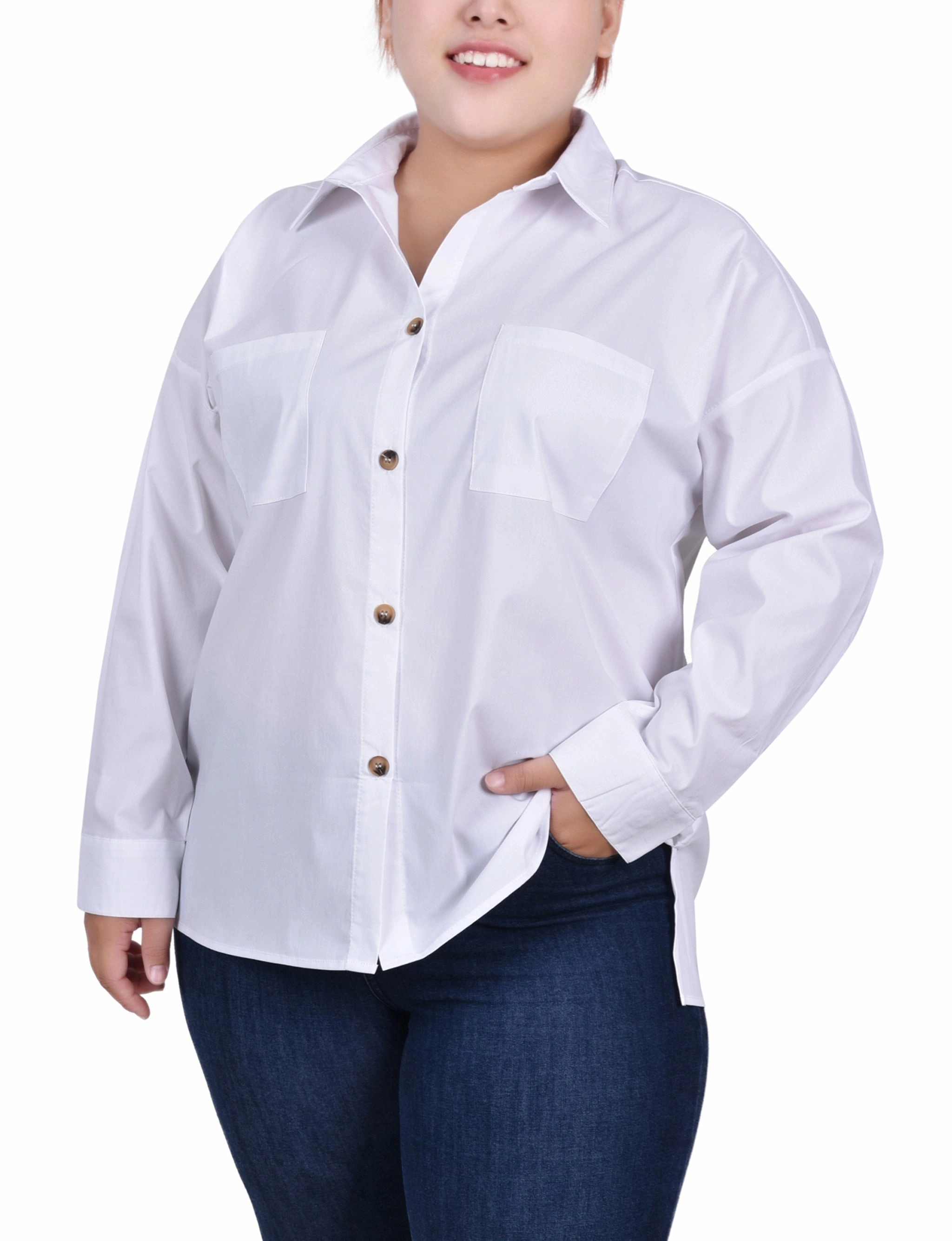 Plus Size Long Sleeve Blouse With Chest Pockets summer top TemperatureRegulating