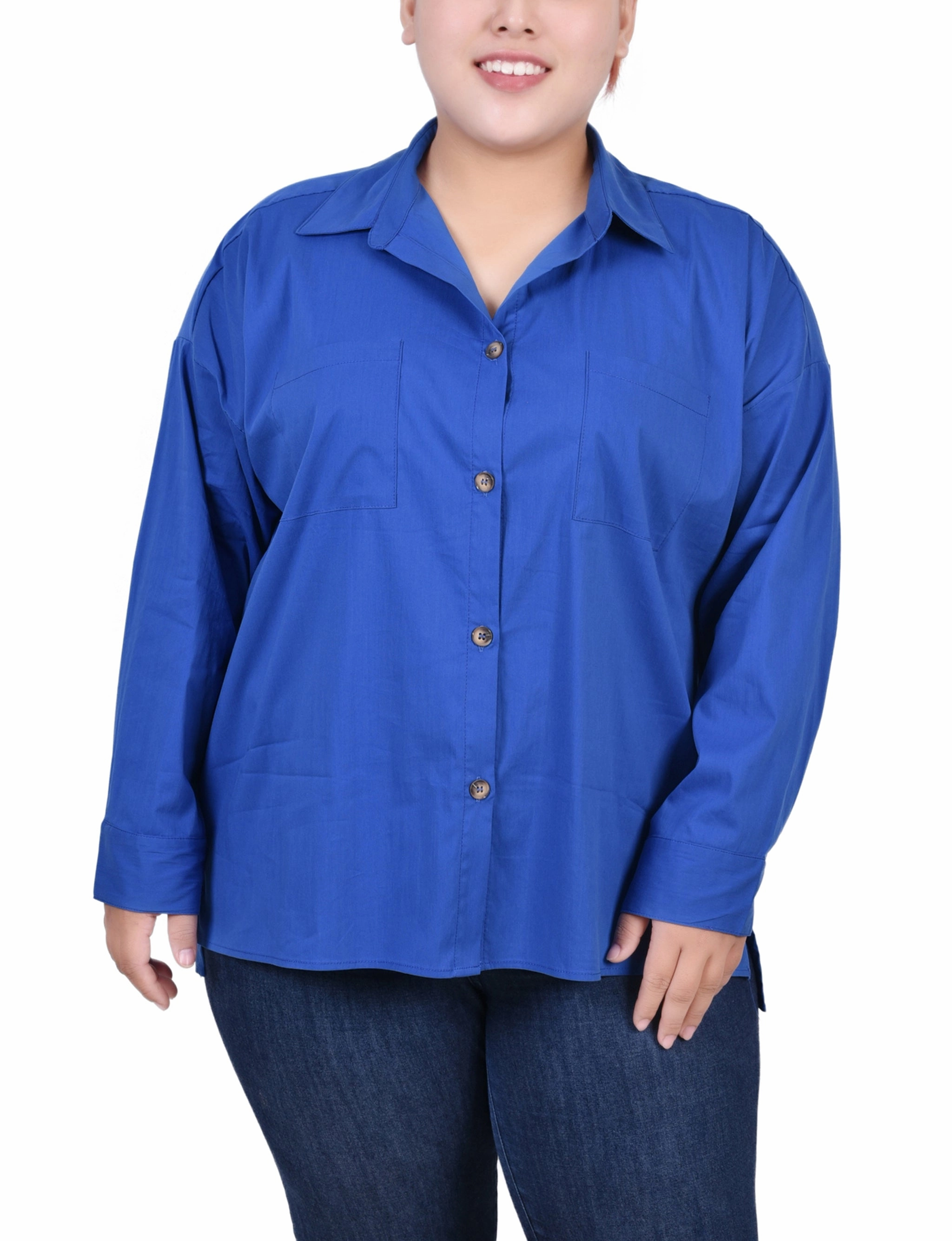 Plus Size Long Sleeve Blouse With Chest Pockets Temperature Regulating Fibers