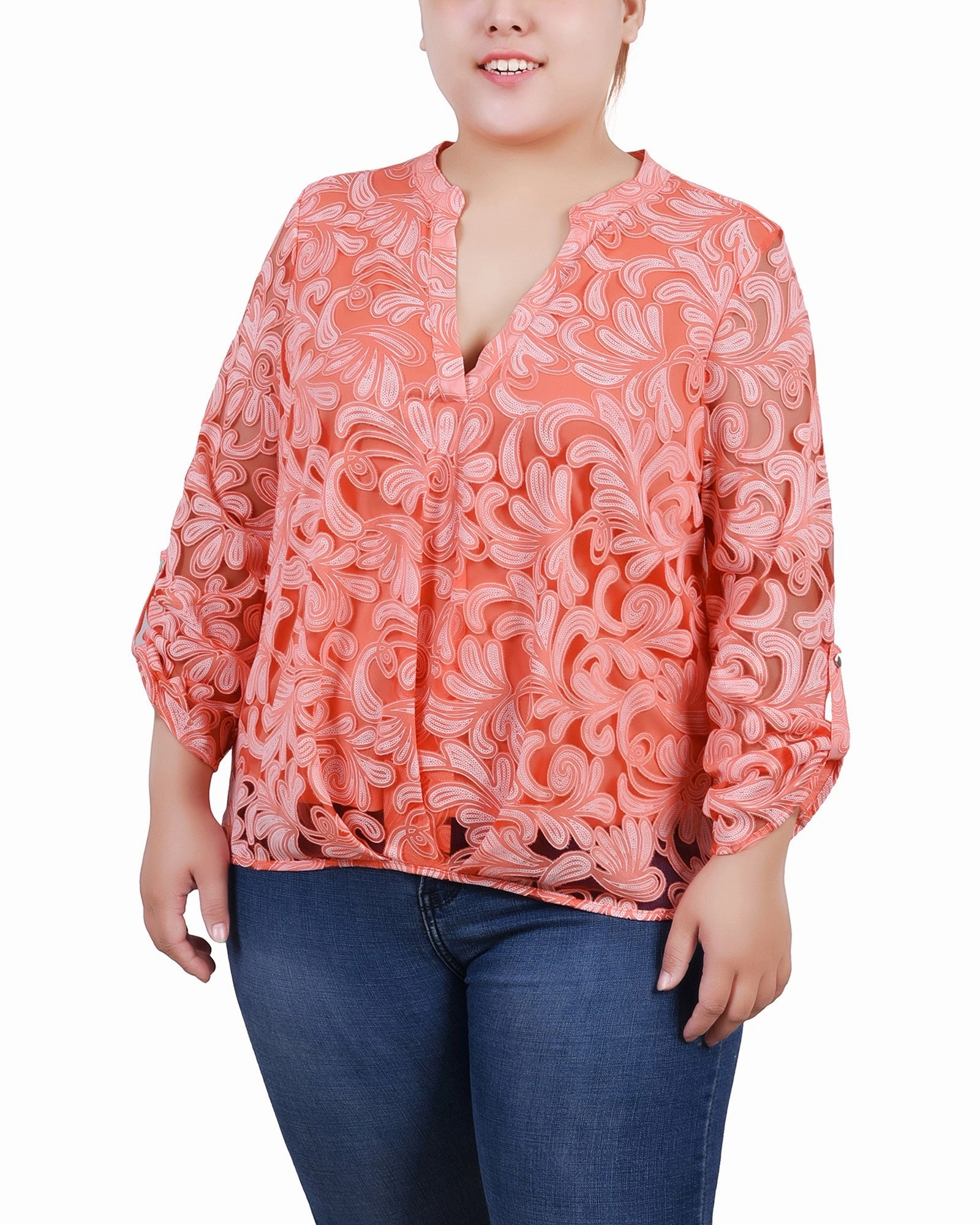 Plus Size Long Sleeve Burnout Y Neck Blouse AirflowOptimized Design Microfiber texture