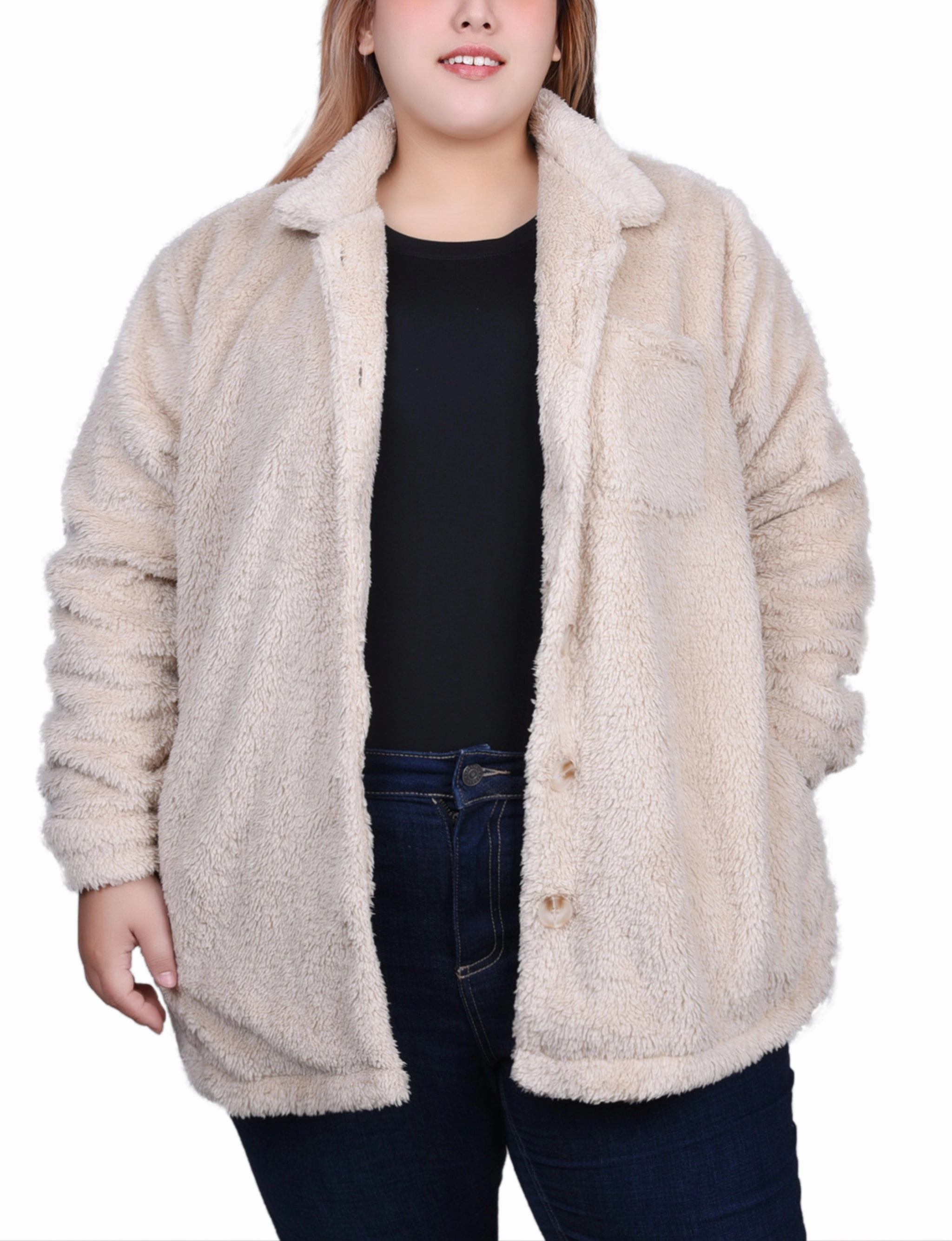 Plus Size Long Sleeve Button Front Sherpa Jacket Anti Odor Treatment Versatile Layering Cut