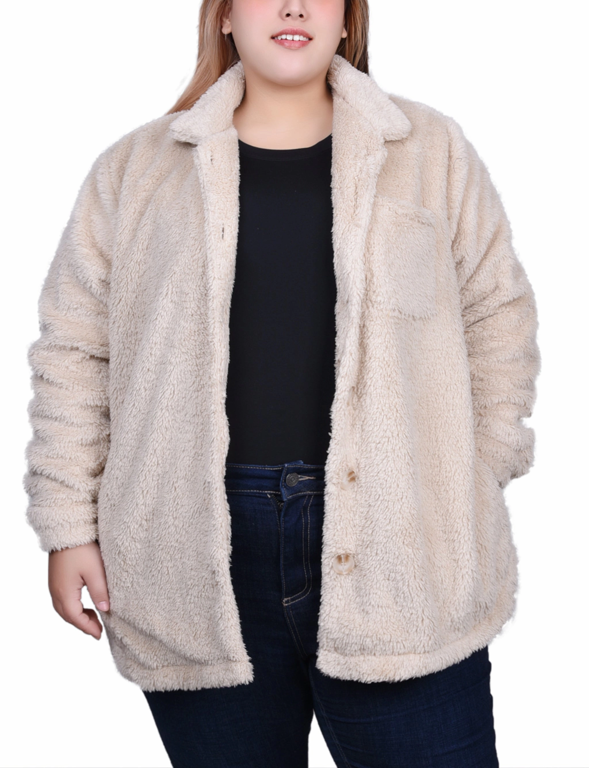 Microfiber Material Circular Knit Plus Size Long Sleeve Button Front Sherpa Jacket