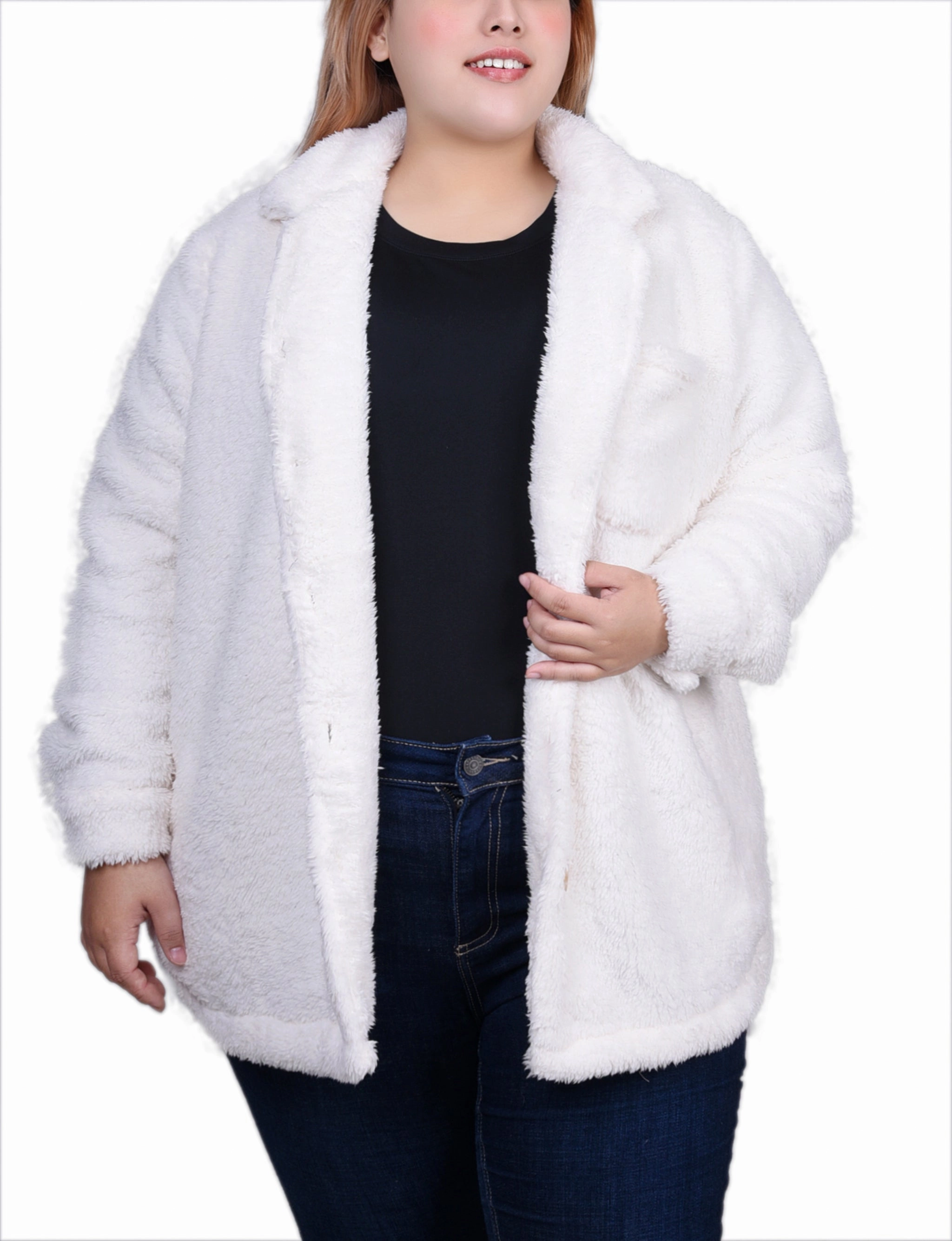 Plus Size Long Sleeve Button Front Sherpa Jacket Durable Chainstitch Yarn Dyed Pattern Cloth