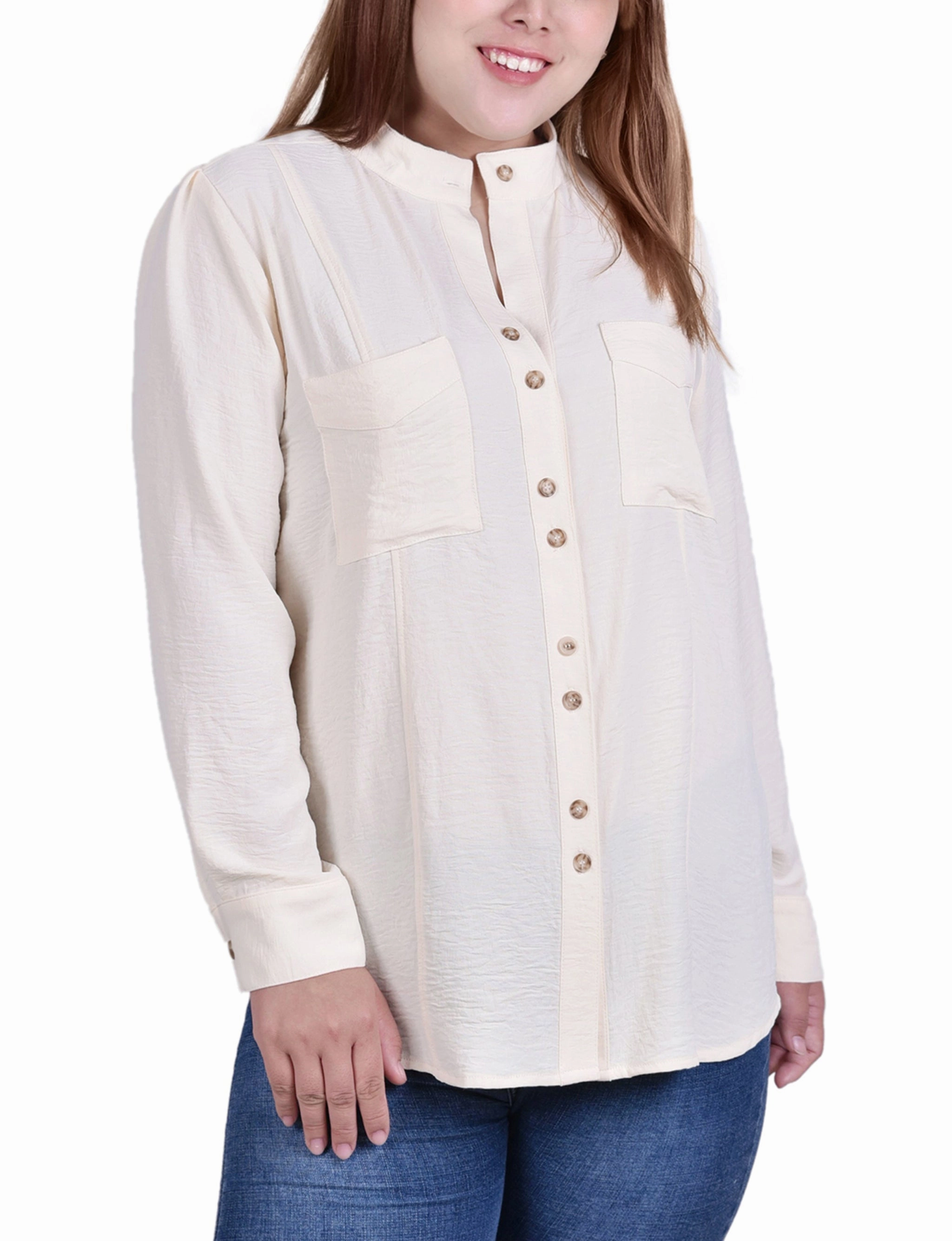 Recycled Polyester Blend Plus Size Long Sleeve Button Mandarin Collar Blouse