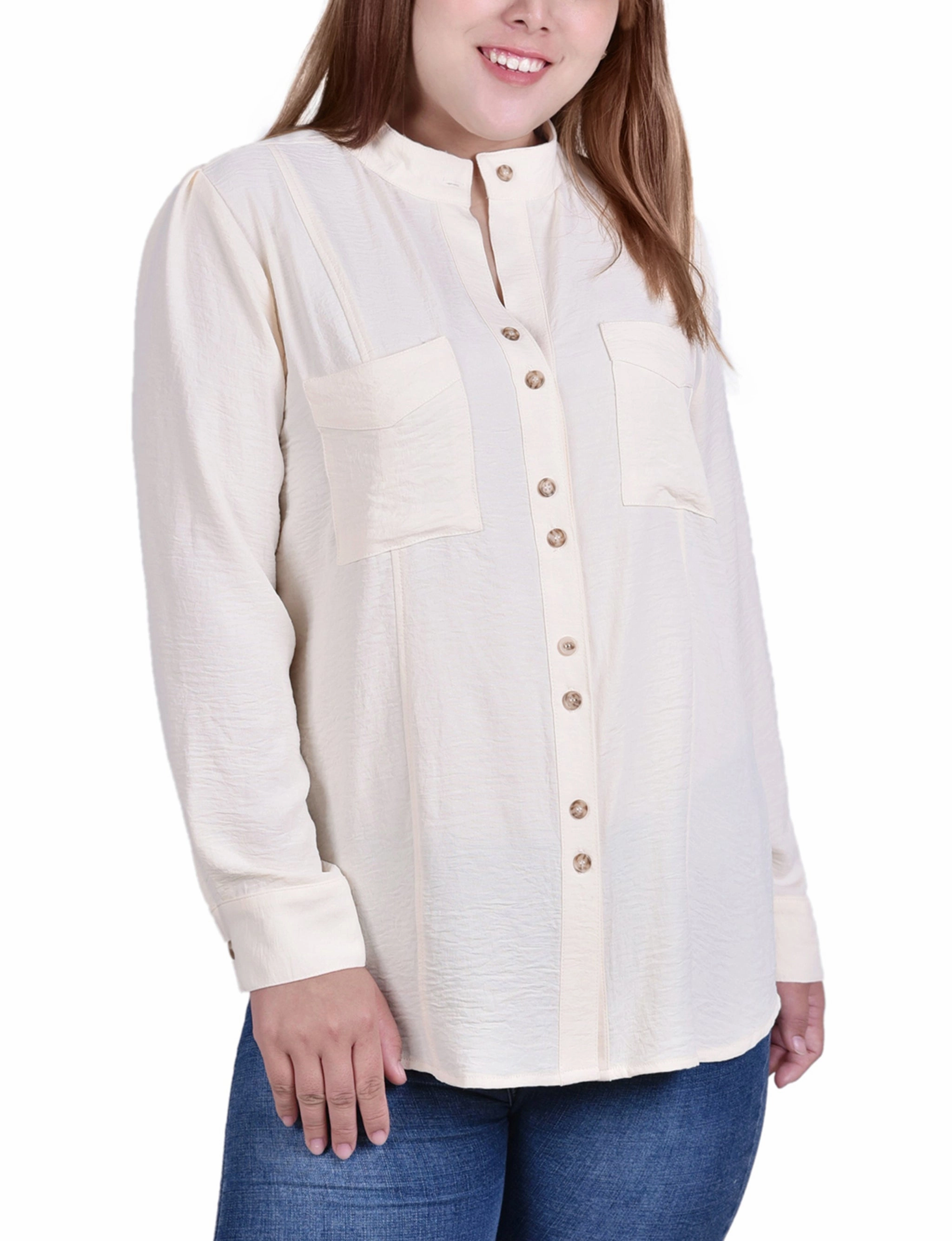 ContrastTipping Plus Size Long Sleeve Button Mandarin Collar Blouse