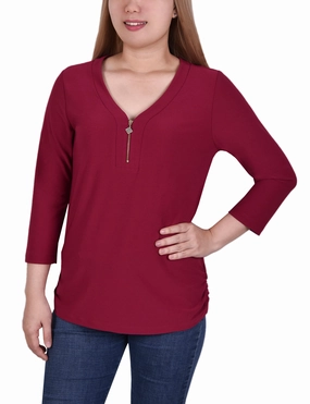 Plus Size Long Sleeve Crepe Knit V Neck Top With Zipper Workwear Comfort