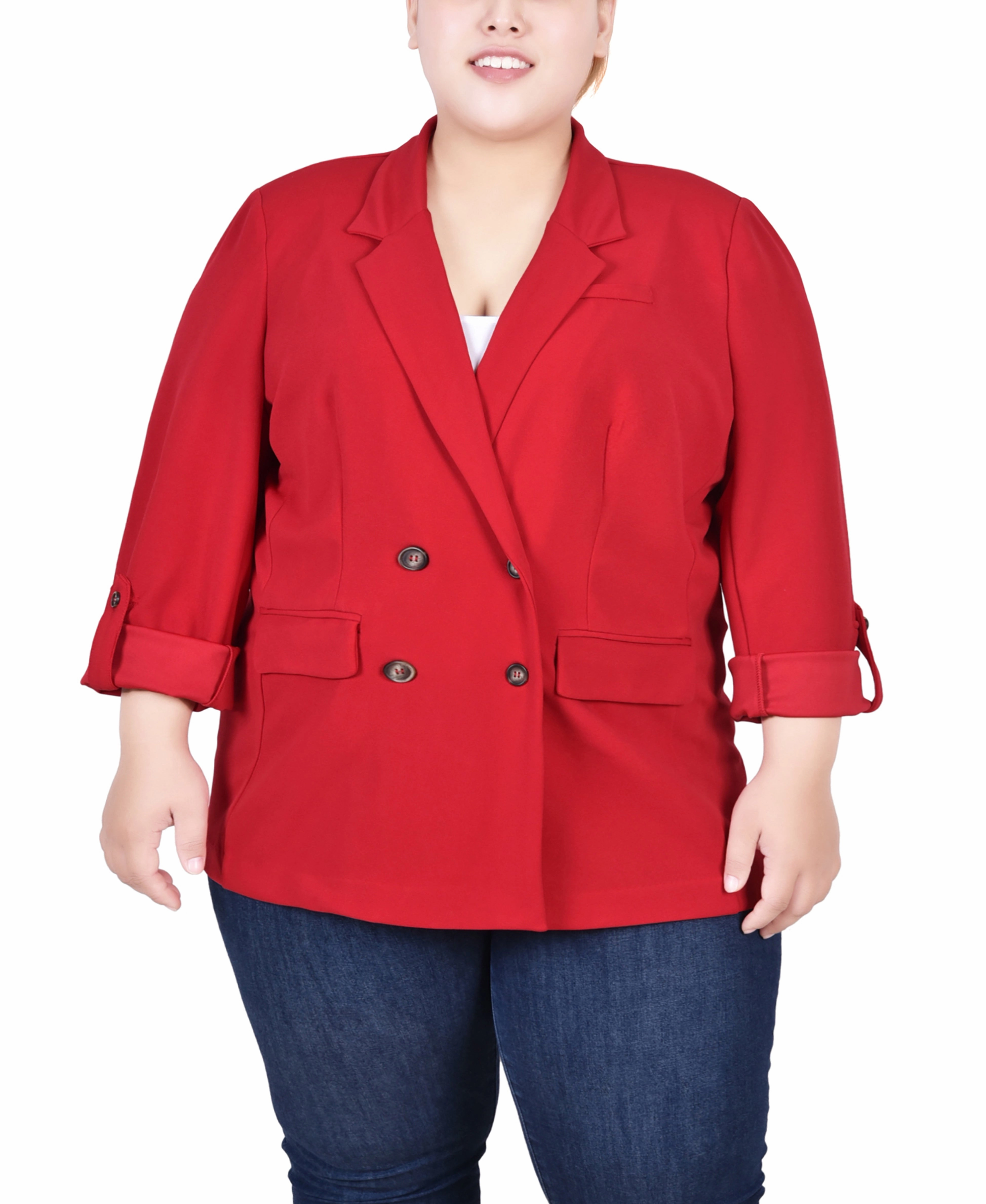 Reinforced Stress Points Odor Neutralizing Technology Plus Size Long Sleeve Double Breasted Crepe Jacket