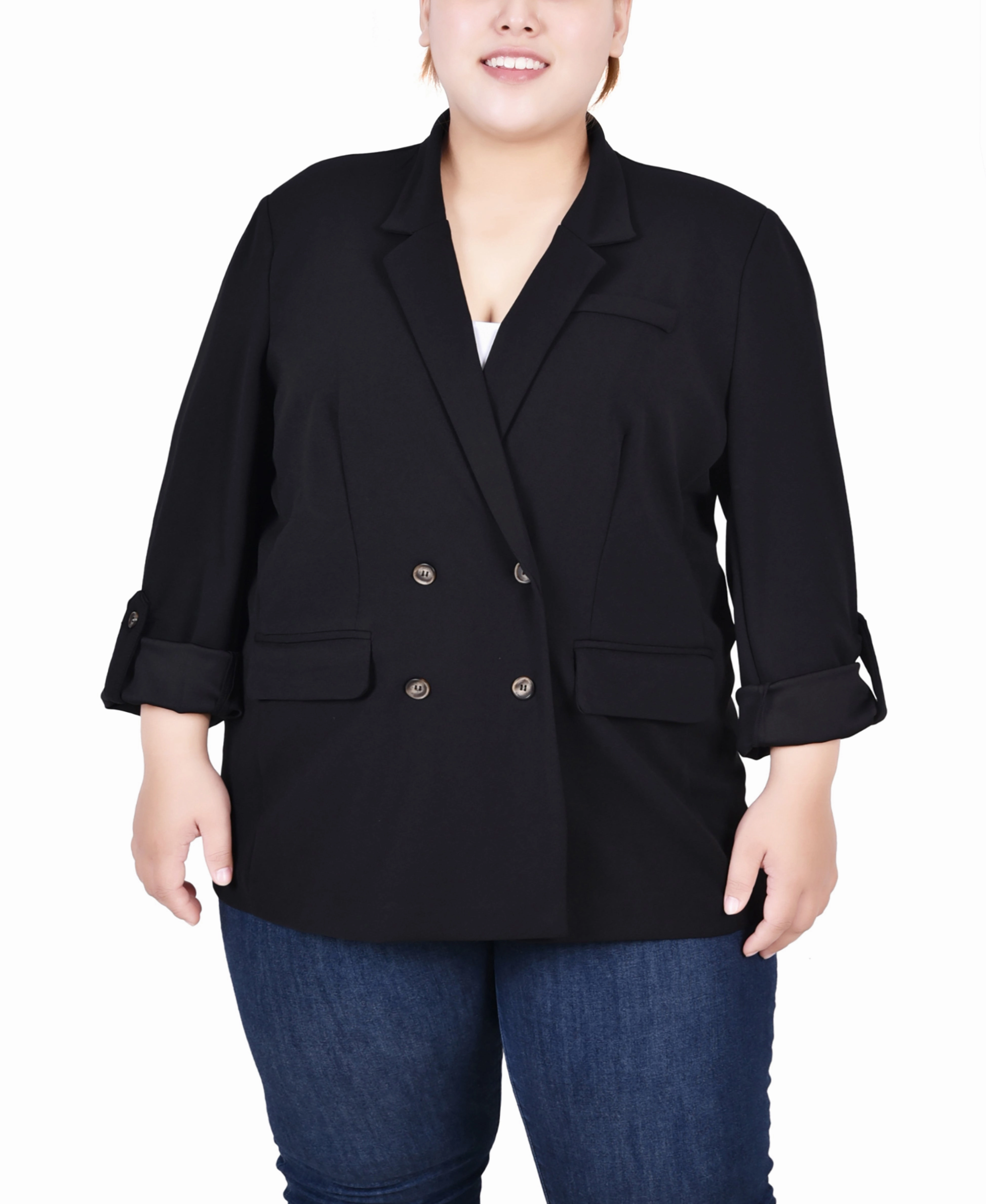 Low Profile Zipper MultiPocket Design Plus Size Long Sleeve Double Breasted Crepe Jacket