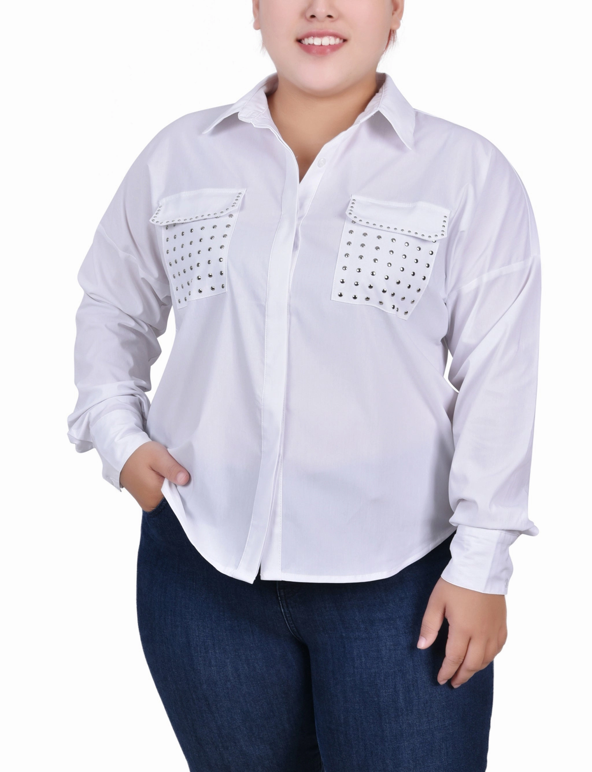 TemperatureRegulatingLining Reflective Trim Details Plus Size Long Sleeve Hidden Placket Blouse With Studs