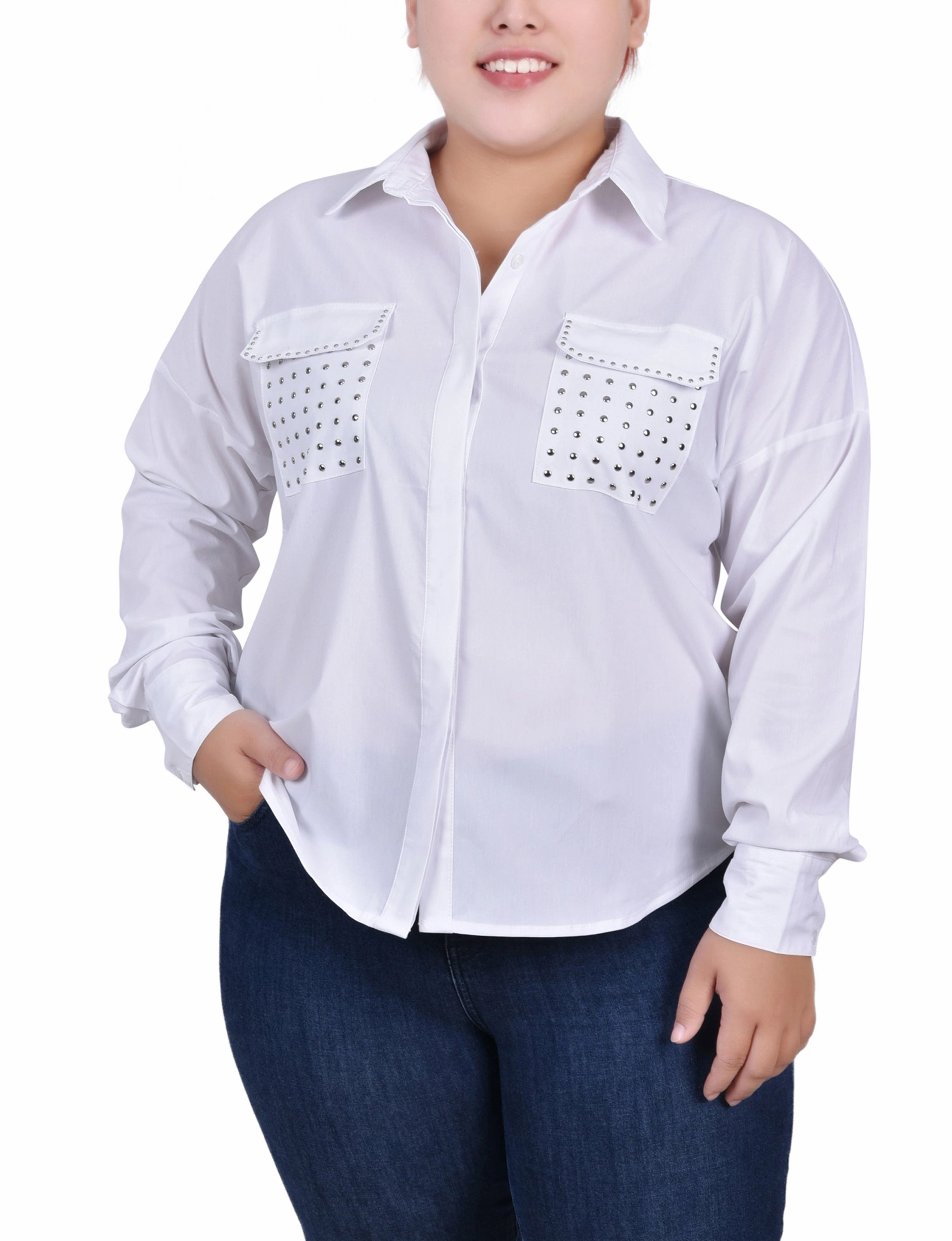 Tear Resistant VersatileNeckline Plus Size Long Sleeve Hidden Placket Blouse With Studs