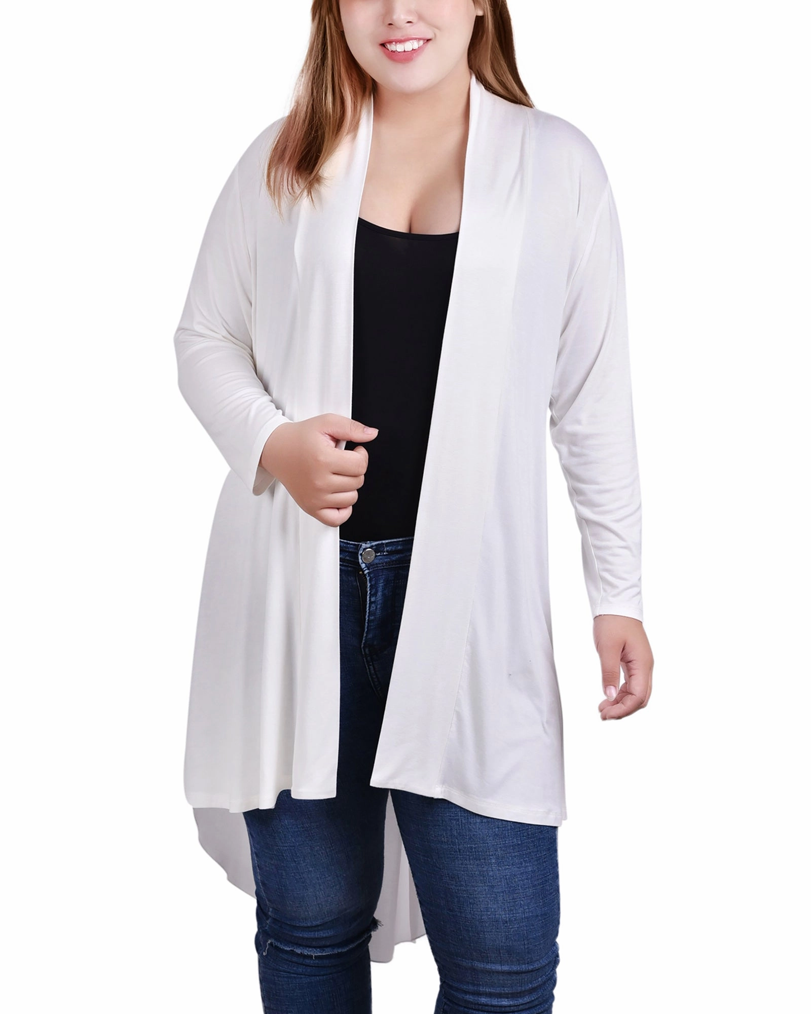 WrinkleFree Weaving Summer Polo Plus Size Long Sleeve Knit Cardigan with Chiffon Back