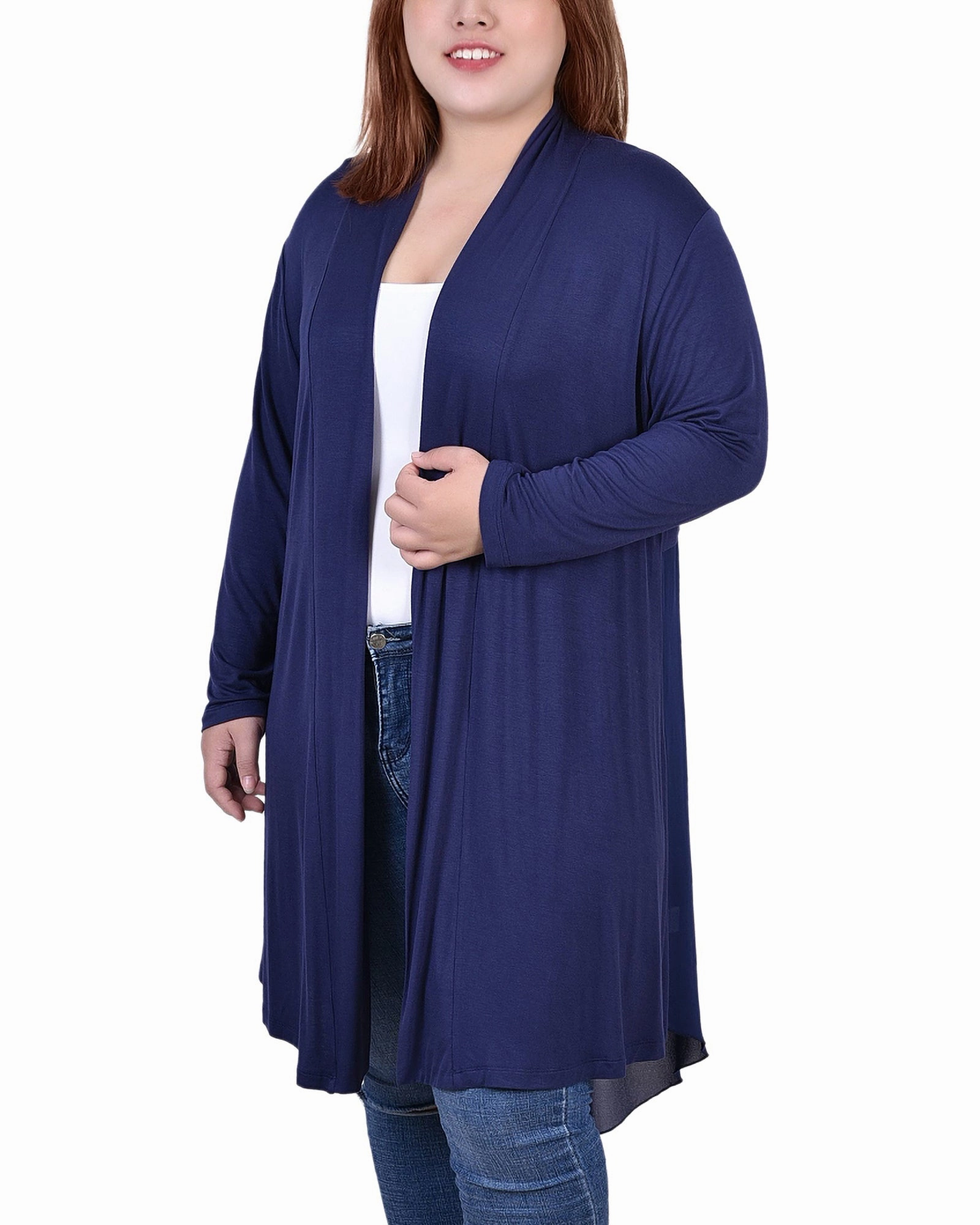 SnagProof MinimalistSilhouette Plus Size Long Sleeve Knit Cardigan with Chiffon Back