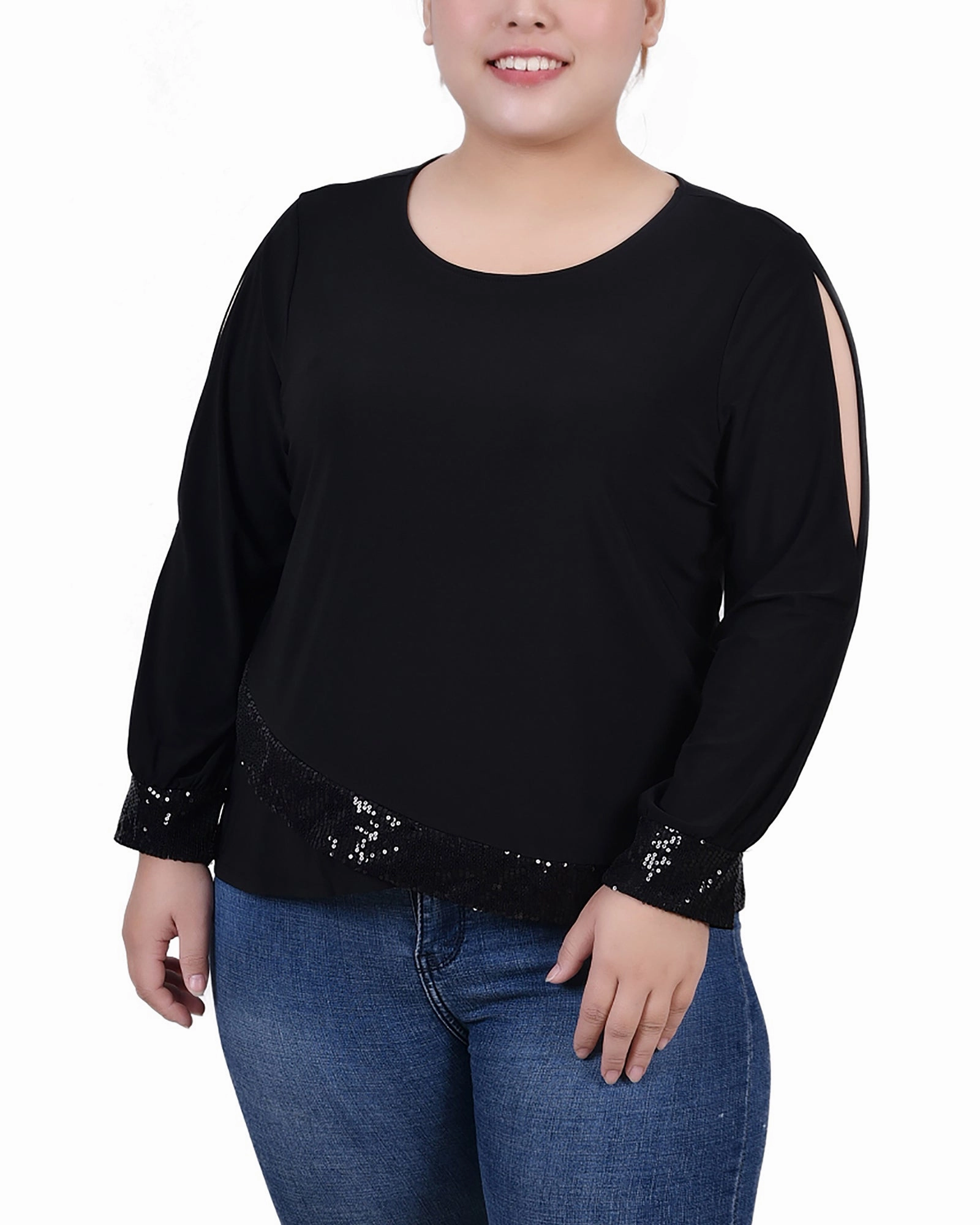 Plus Size Long Sleeve Knit Top With Sequin Hem Torsion Support Structure StretchFabric