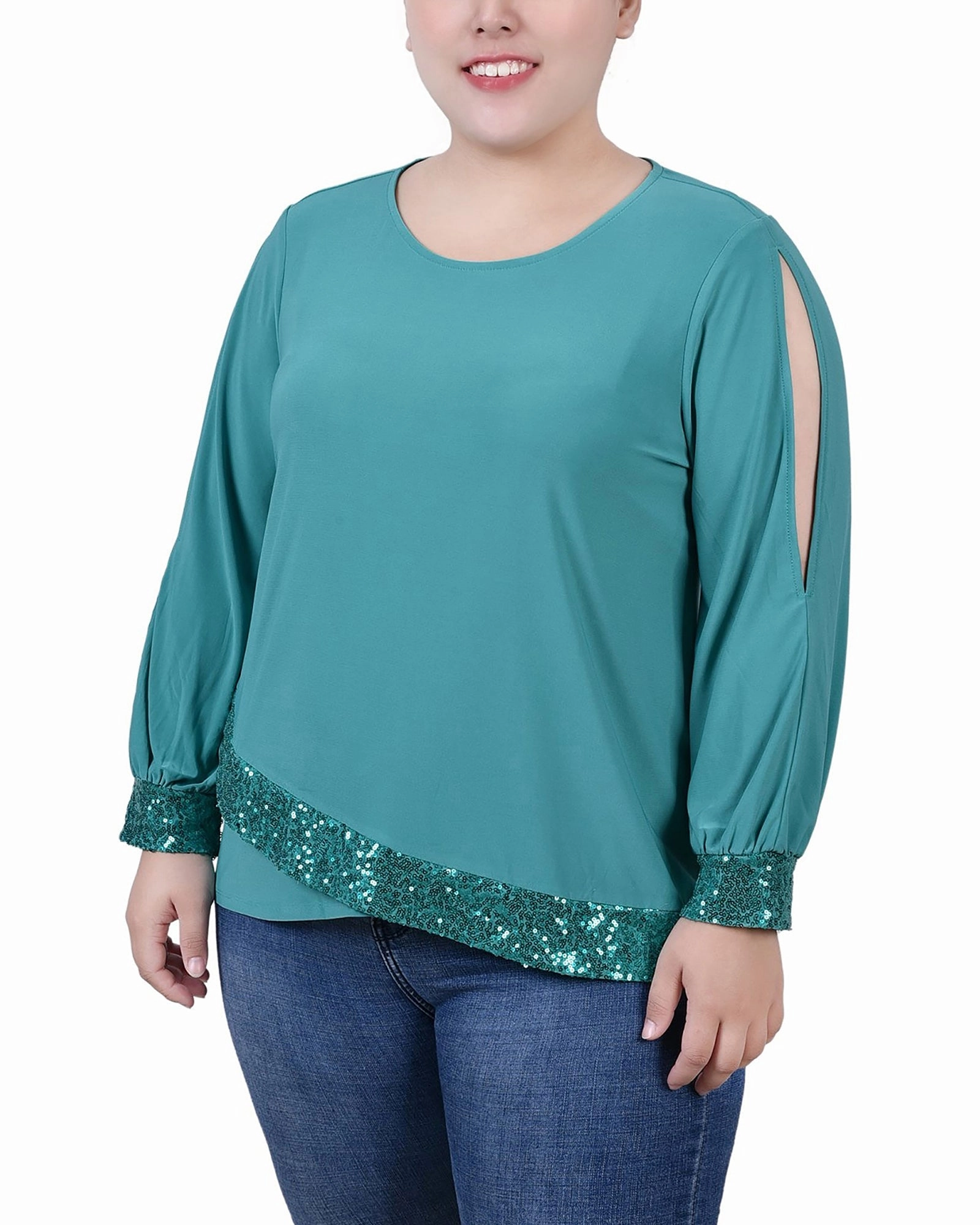 NoRoll Hem Technology Plus Size Long Sleeve Knit Top With Sequin Hem