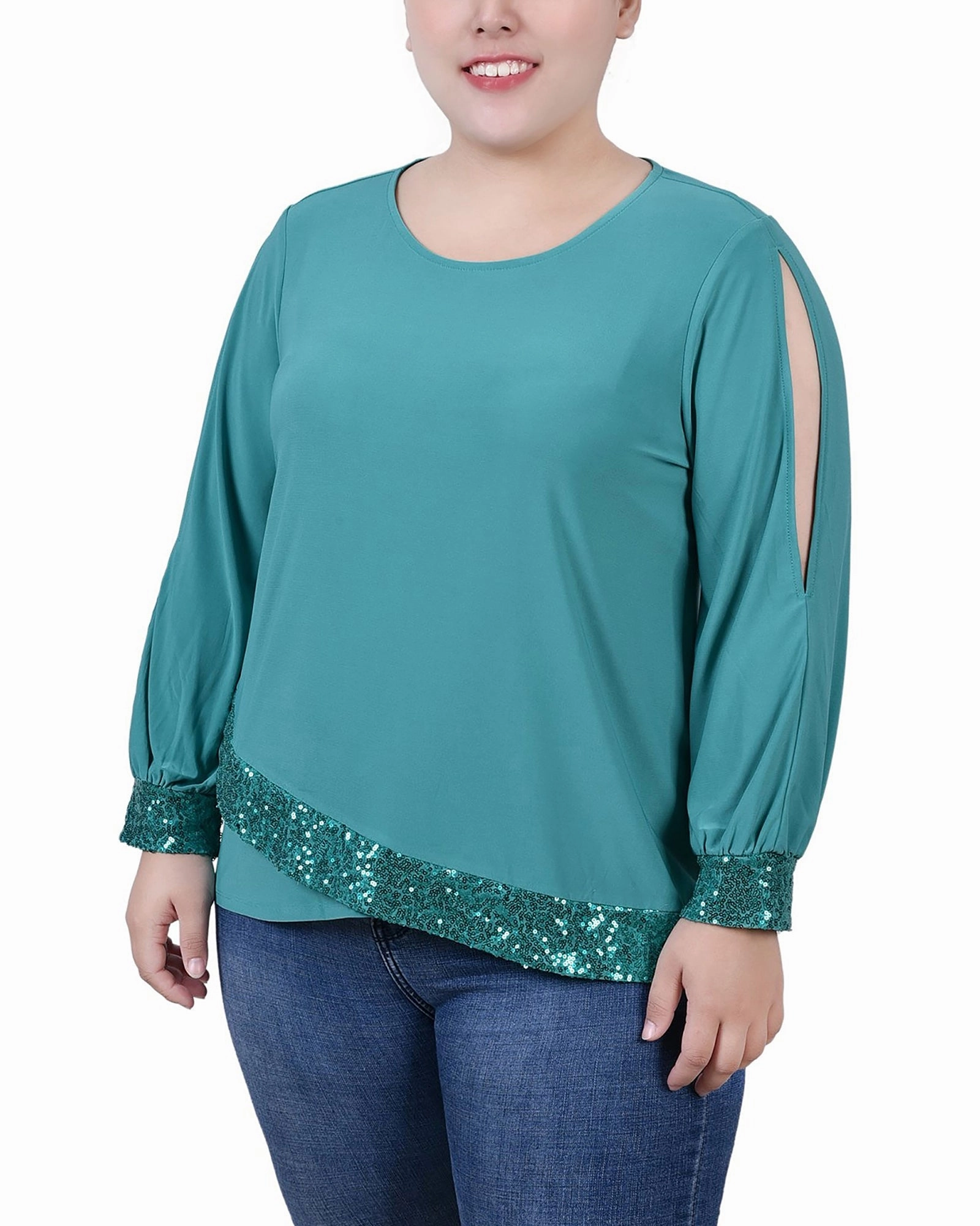 Flatlock Seam Design SecurePockets Plus Size Long Sleeve Knit Top With Sequin Hem