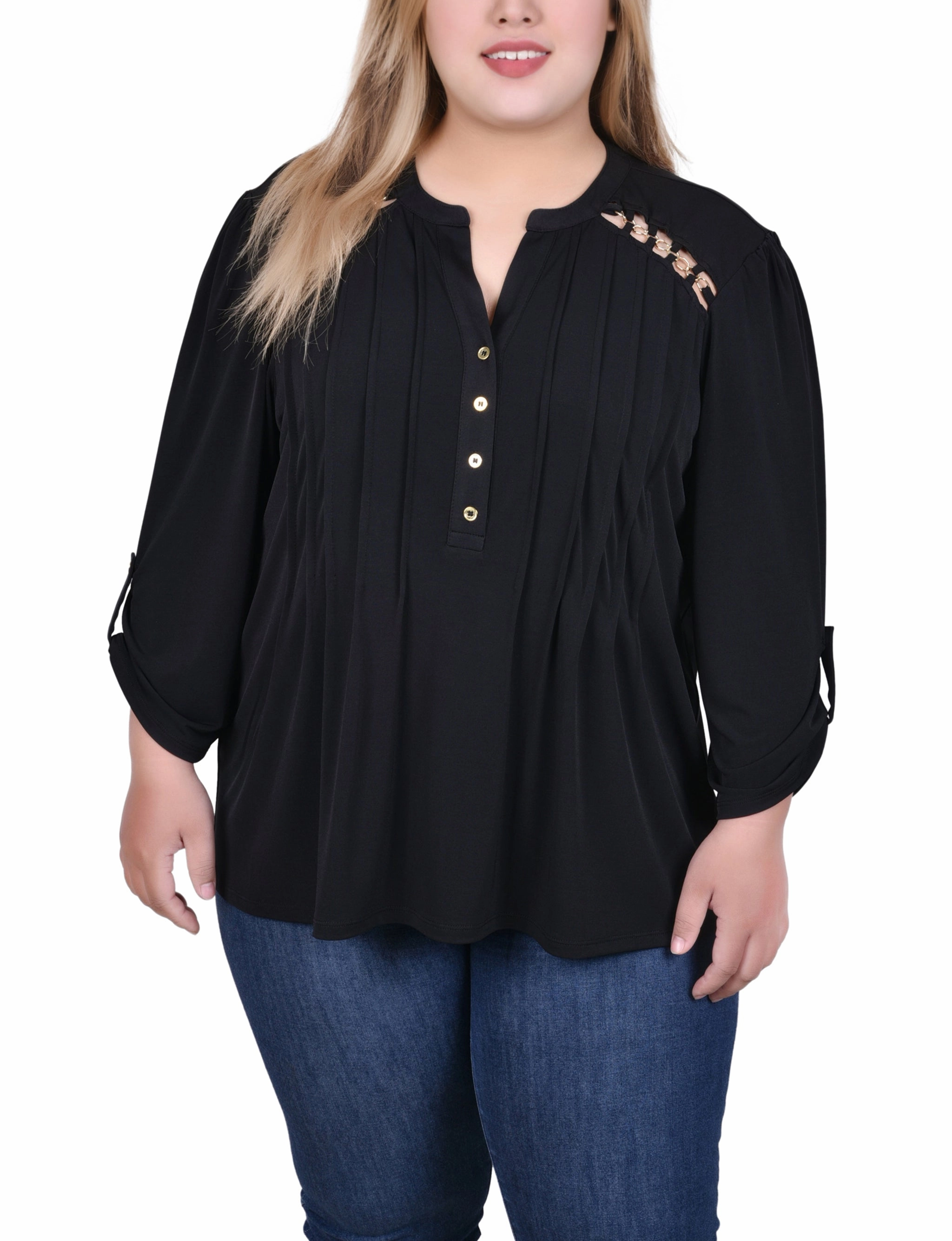 RawHemDetail Adjustable Hemline Plus Size Long Sleeve Pintuck Front Top With Chain Details