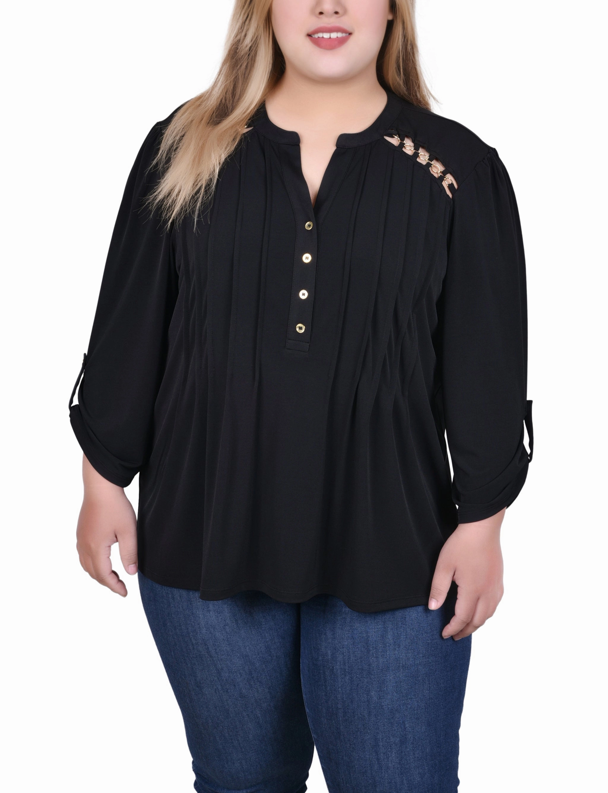 Anti Pill Surface Low Profile Collar Plus Size Long Sleeve Pintuck Front Top With Chain Details