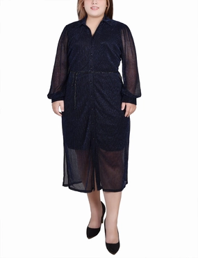 Plus Size Long Sleeve Plisse Mesh Dress With Belt Event Favorite Travel Essential