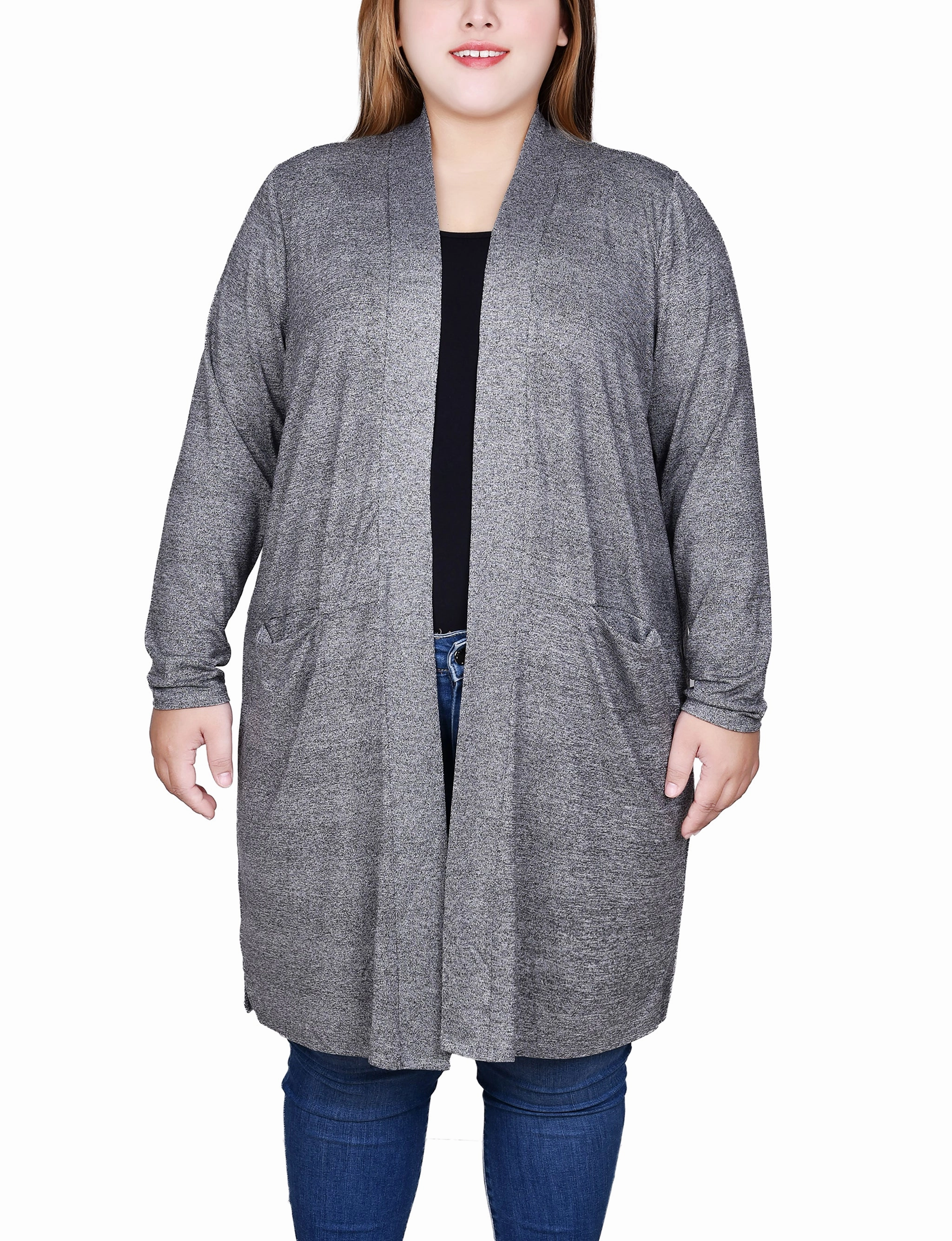Plus Size Long Sleeve Pocketed Cardigan Interlock Knit