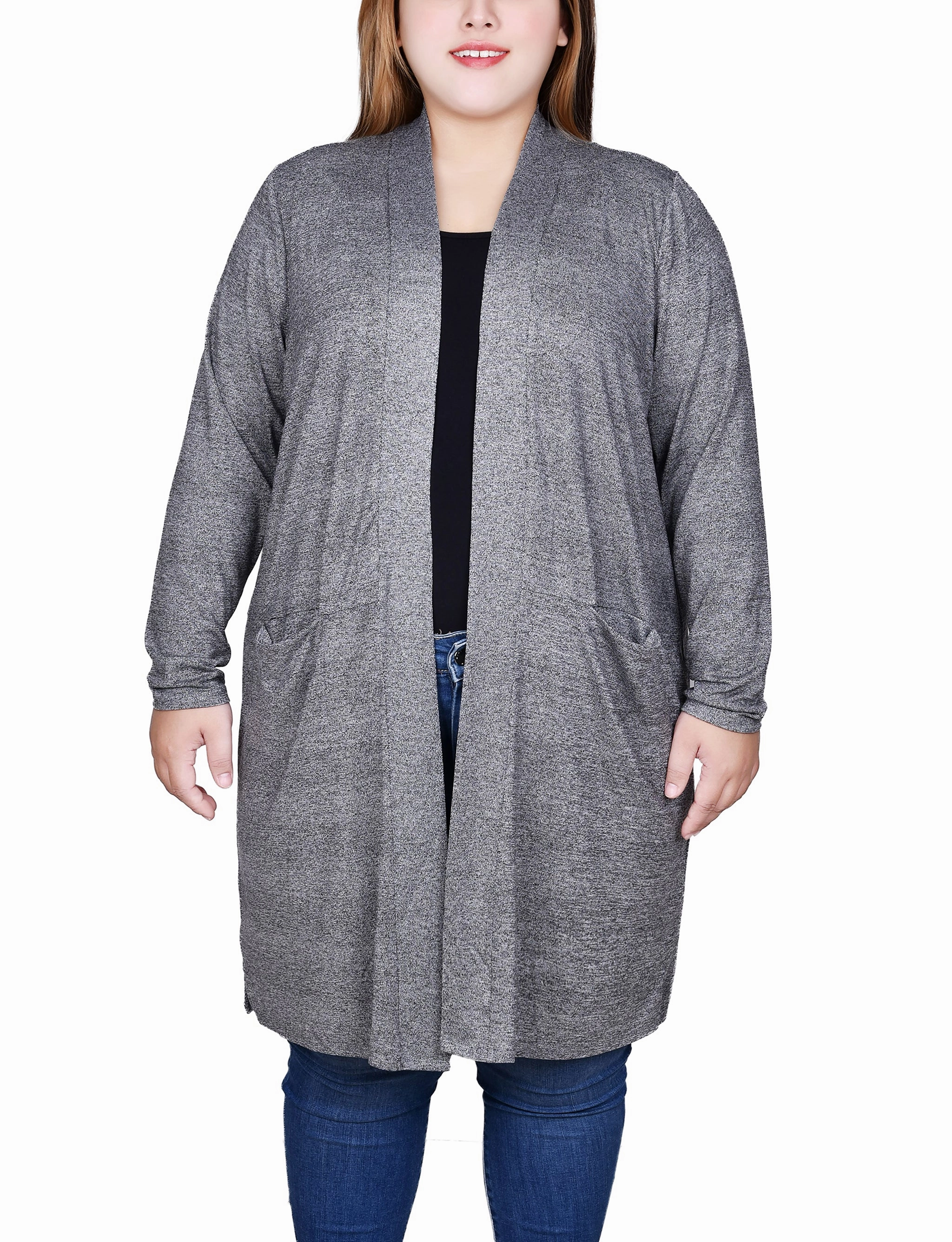 Plus Size Long Sleeve Pocketed Cardigan Self Cleaning Coating VNeckReinforcement