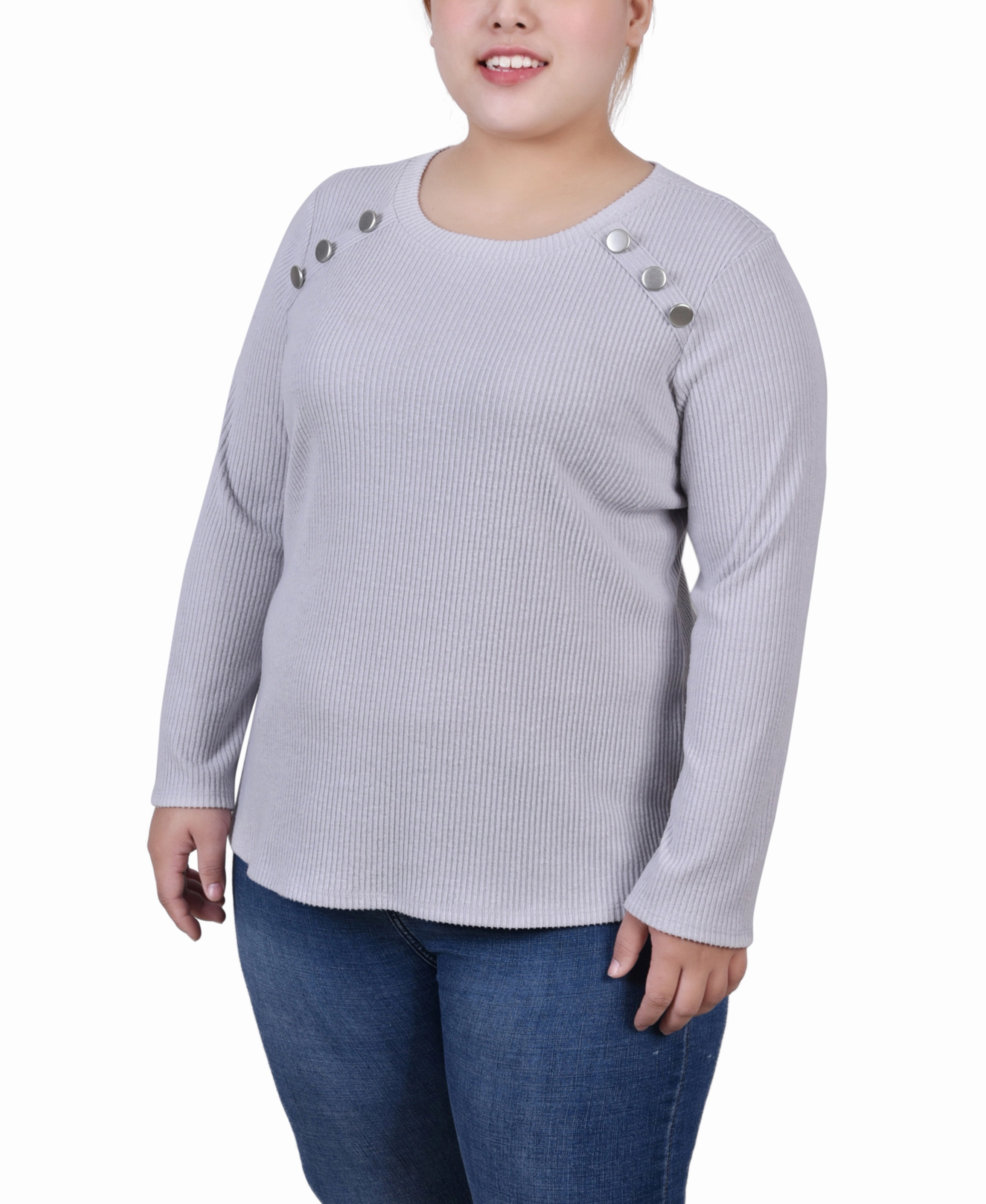 NonIrritatingStitching Plus Size Long Sleeve Ribbed Button Detail Top