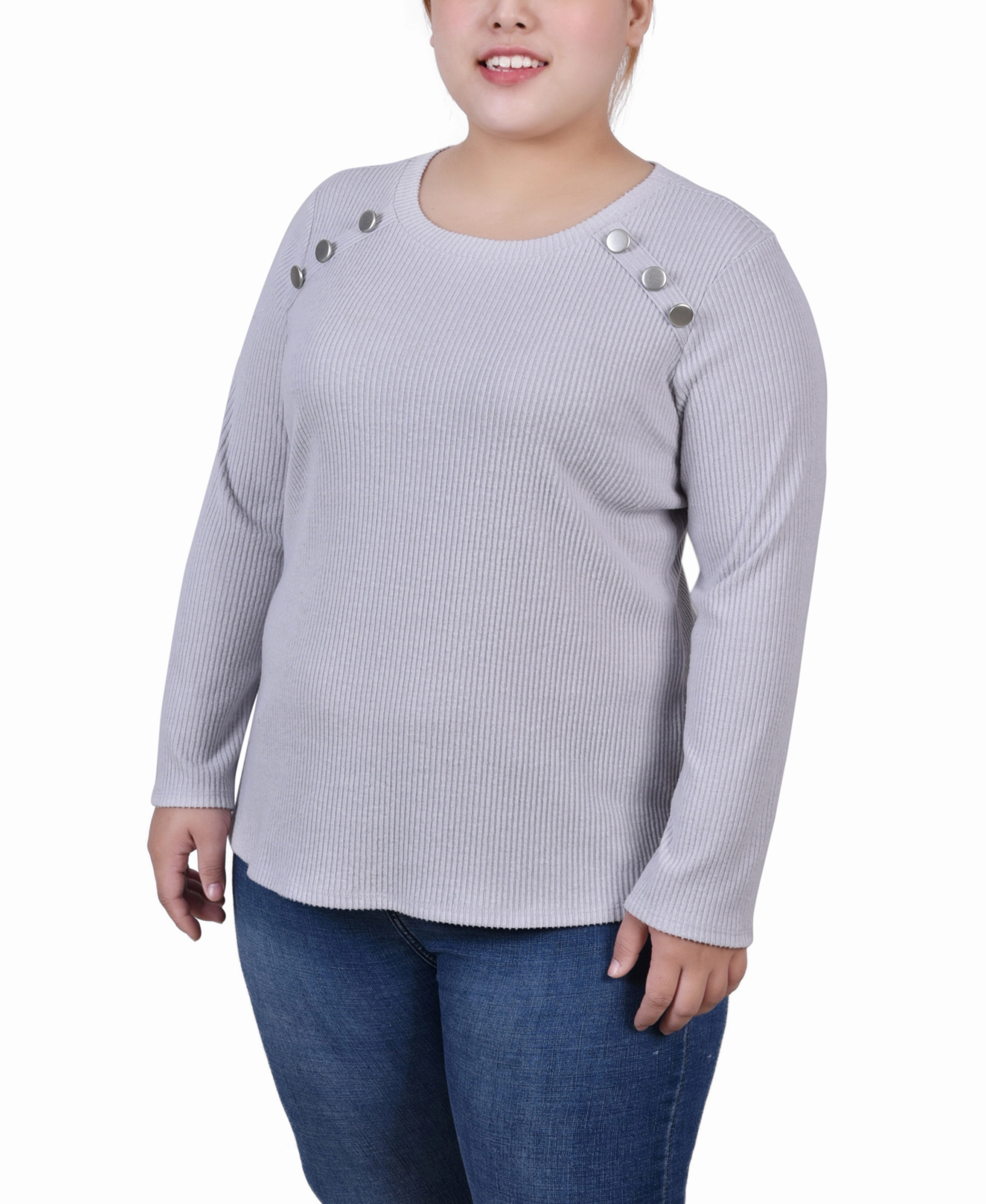 Lightweight Piece Plus Size Long Sleeve Ribbed Button Detail Top