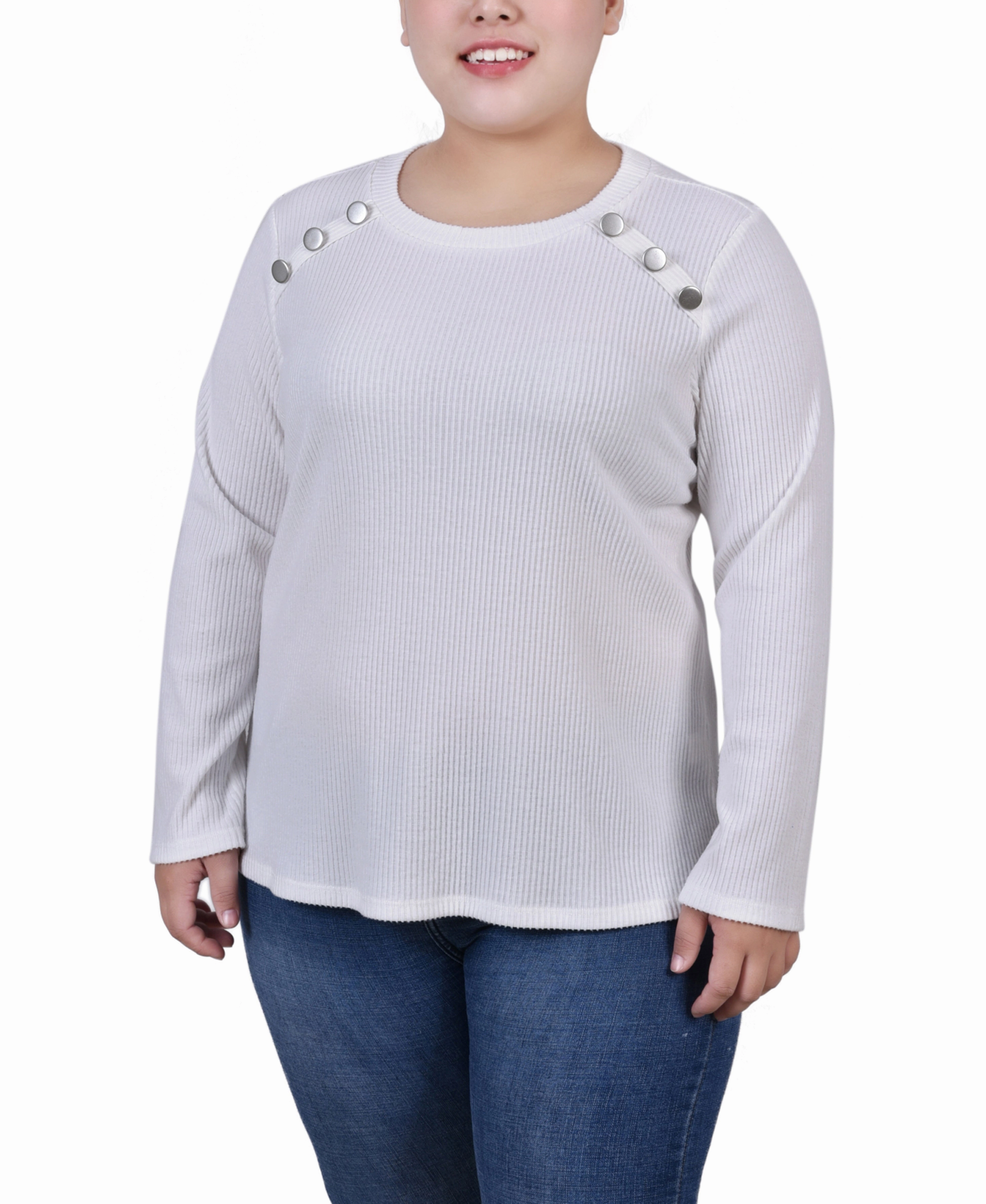 Plus Size Long Sleeve Ribbed Button Detail Top EcoDyeProcess RibbedCollar