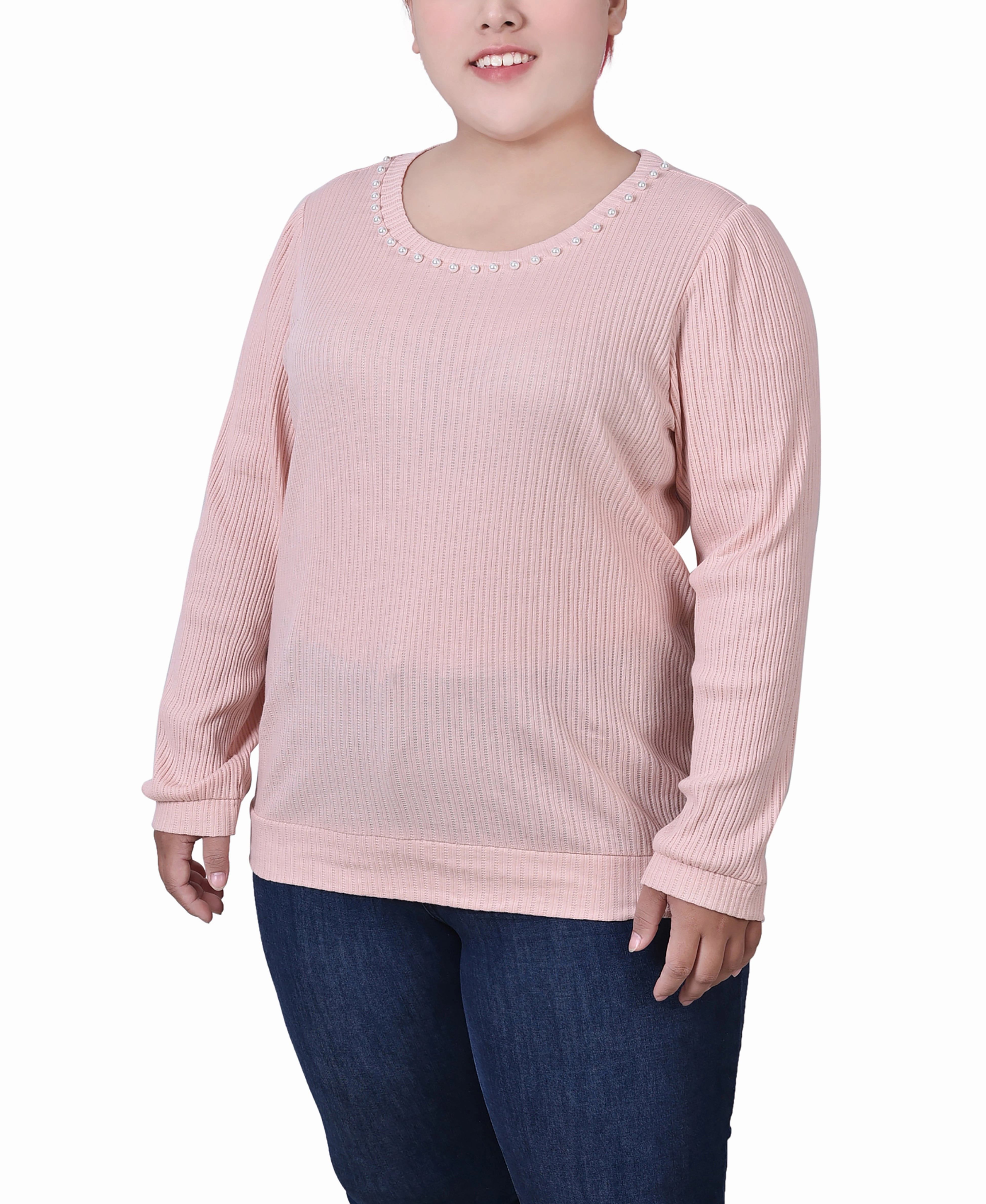 Plus Size Long Sleeve Ribbed Pearl Trimmed Top LightweightLayeredFabric RelaxedSilhouette