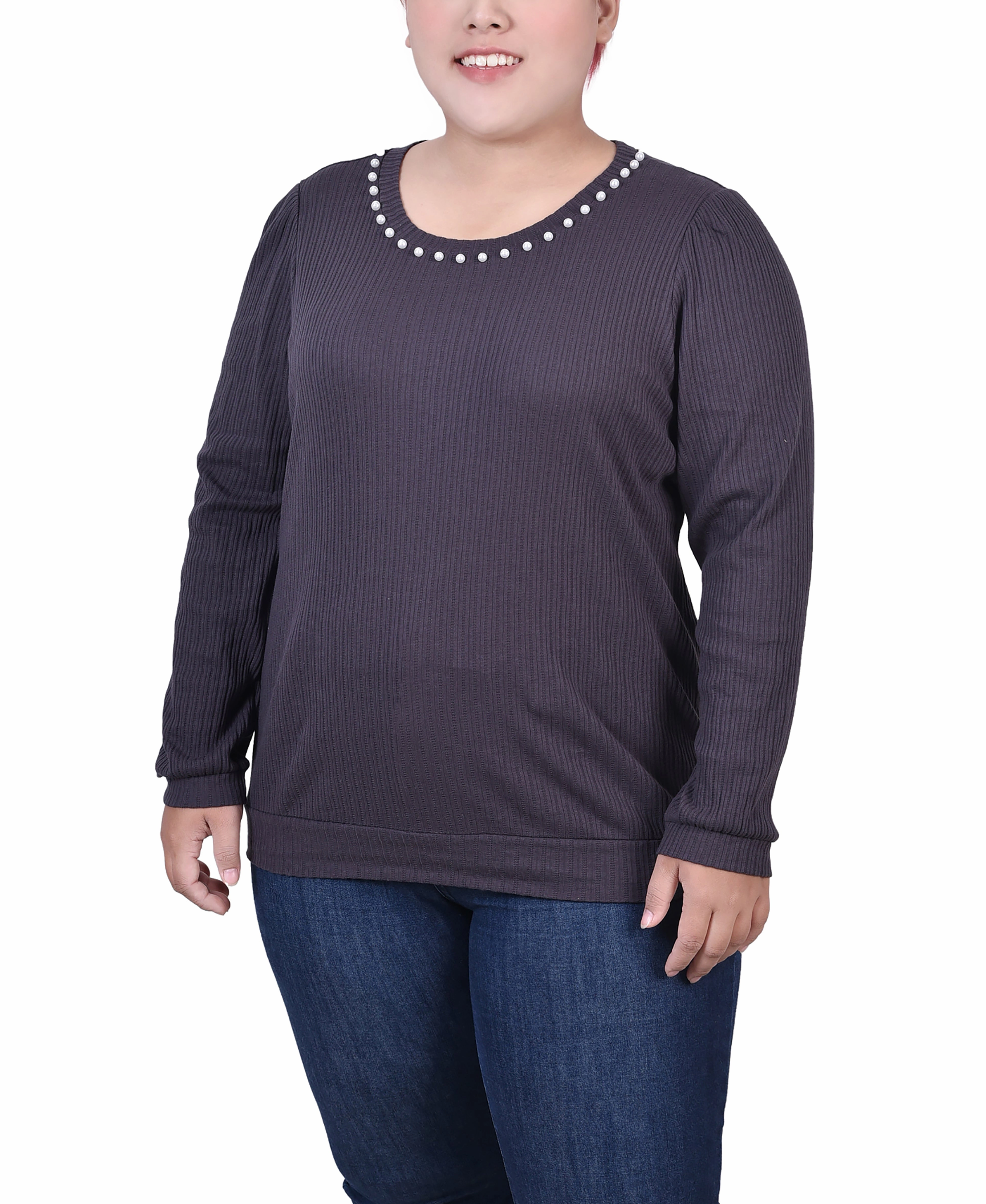 Tailored Style Neutral Base Plus Size Long Sleeve Ribbed Pearl Trimmed Top