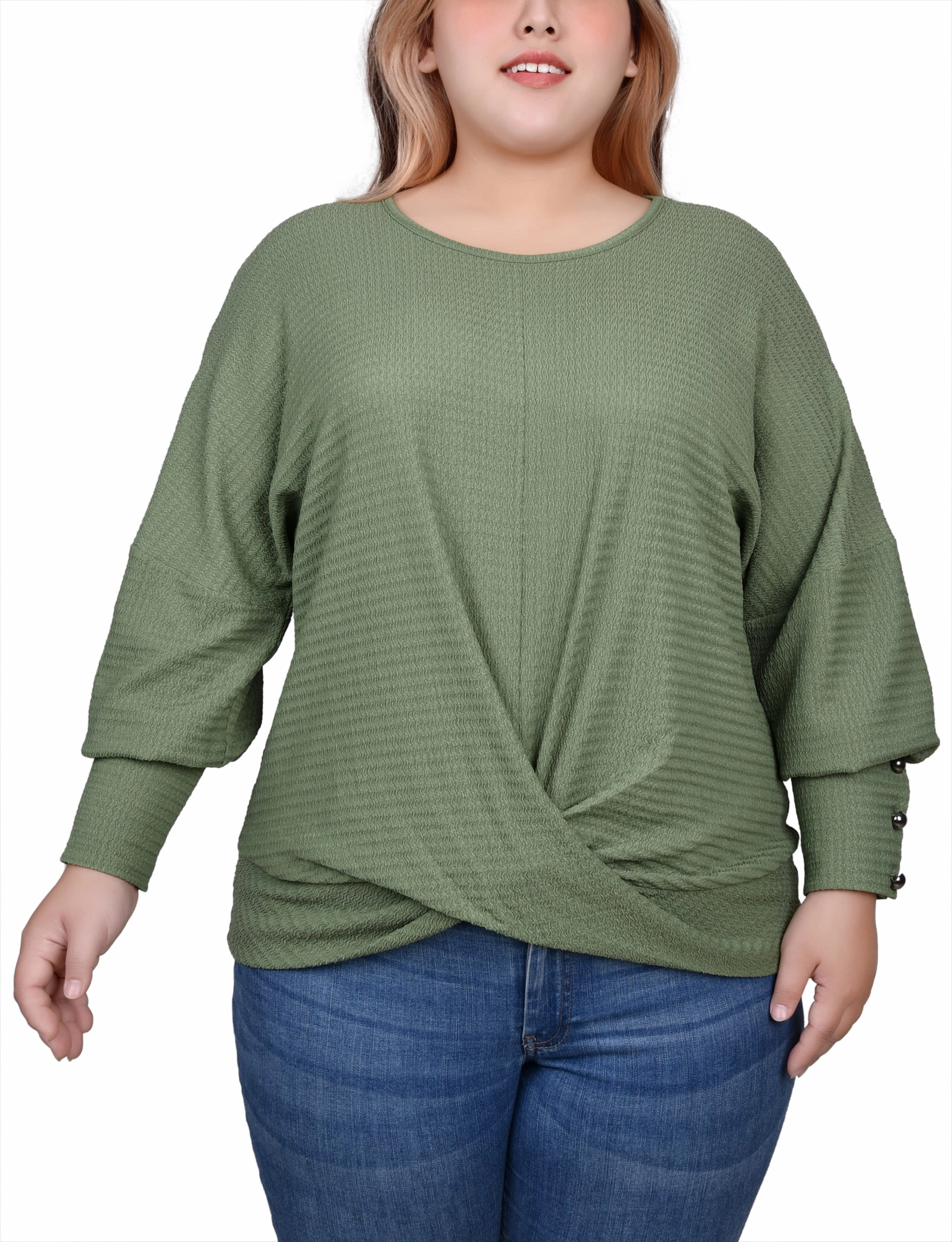 AdjustableCuffs Plus Size Long Sleeve Textured Knit Top