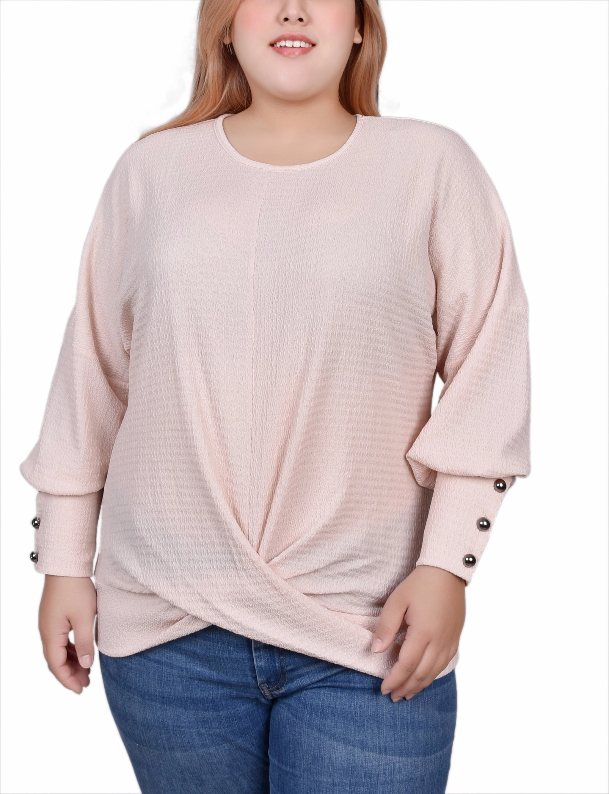Stretch Fit Engineering DroppedShoulder Plus Size Long Sleeve Textured Knit Top