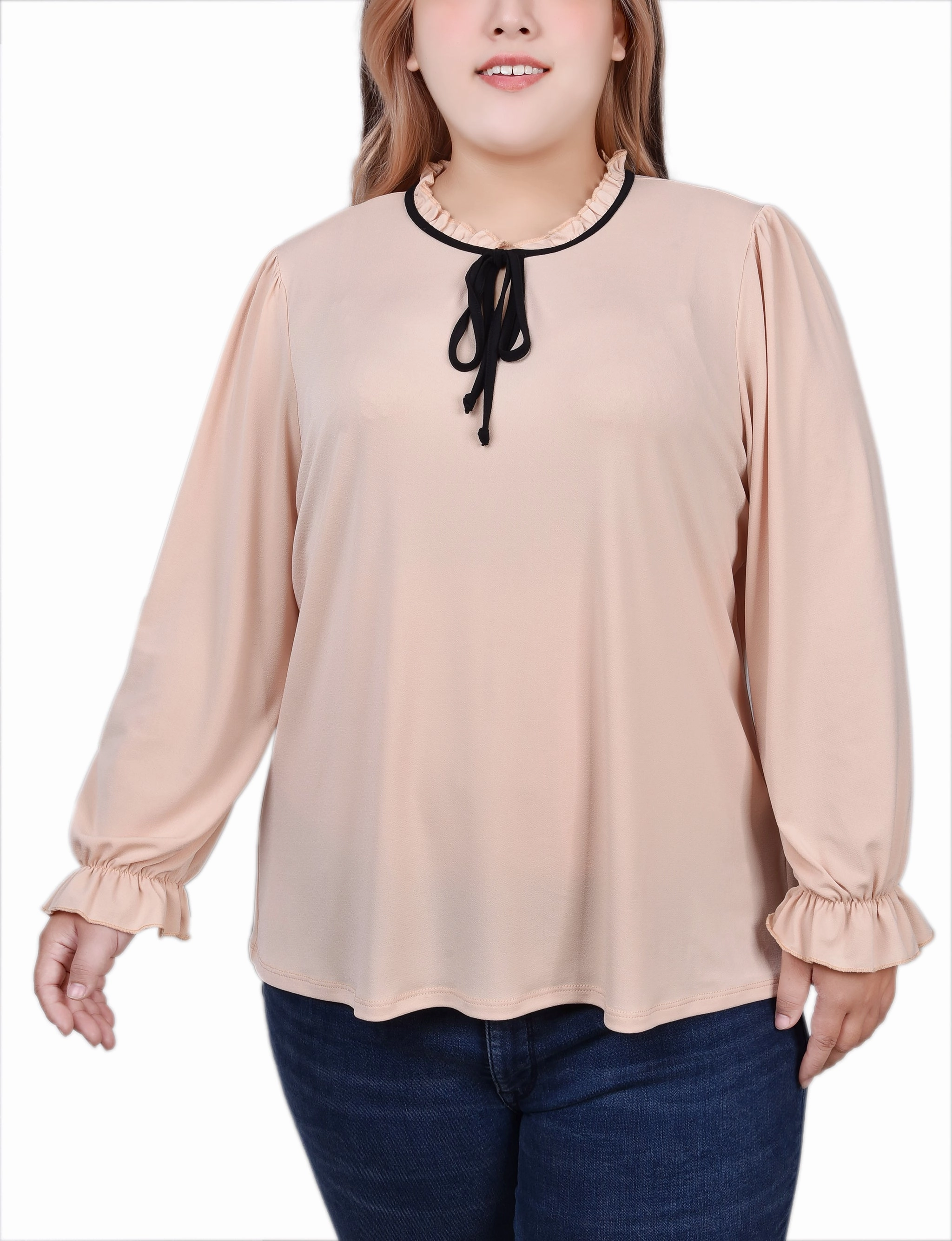 Plus Size Long Sleeve Tie Neck Top Stain Repellent Coating