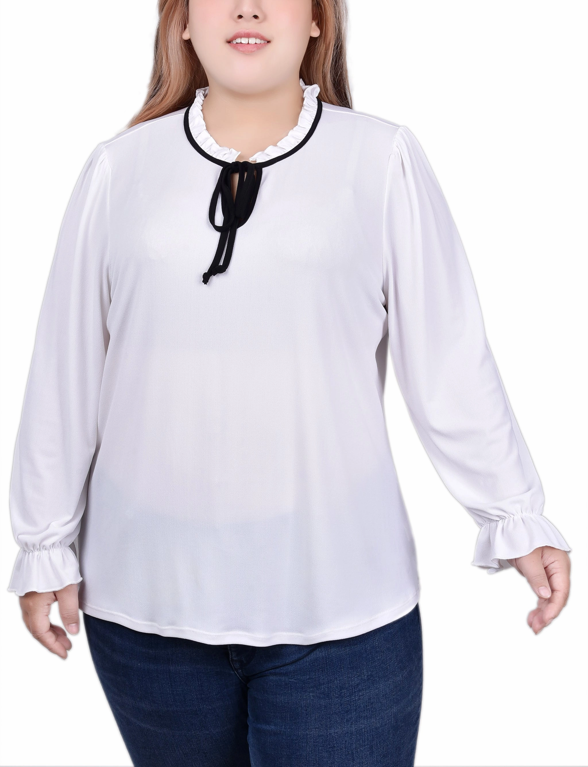 Plus Size Long Sleeve Tie Neck Top Hypoallergenic Inner Layer HighStretch