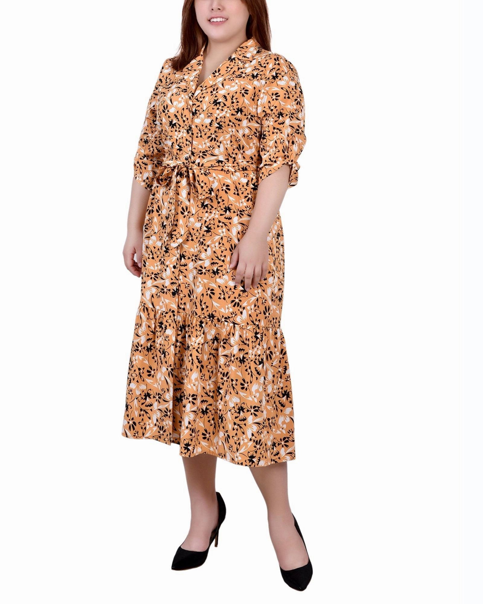 Plus Size Long Sleeve Tiered Dress With Belt Perfect for Layering Sophisticated Charm