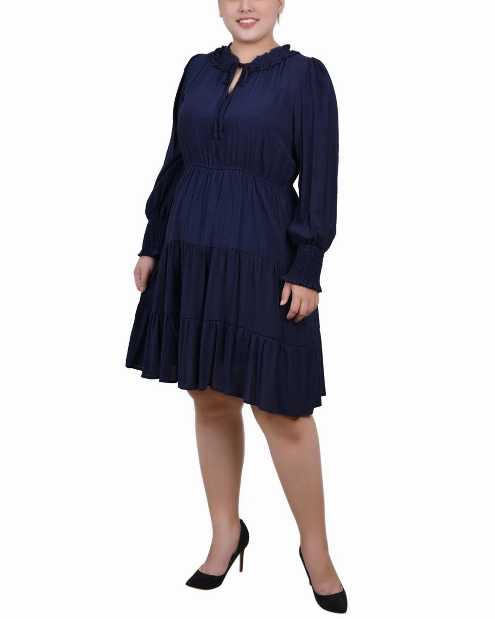 Perfect Day-to-Night Plus Size Long Sleeve Tiered Dress With Ruffled Neck