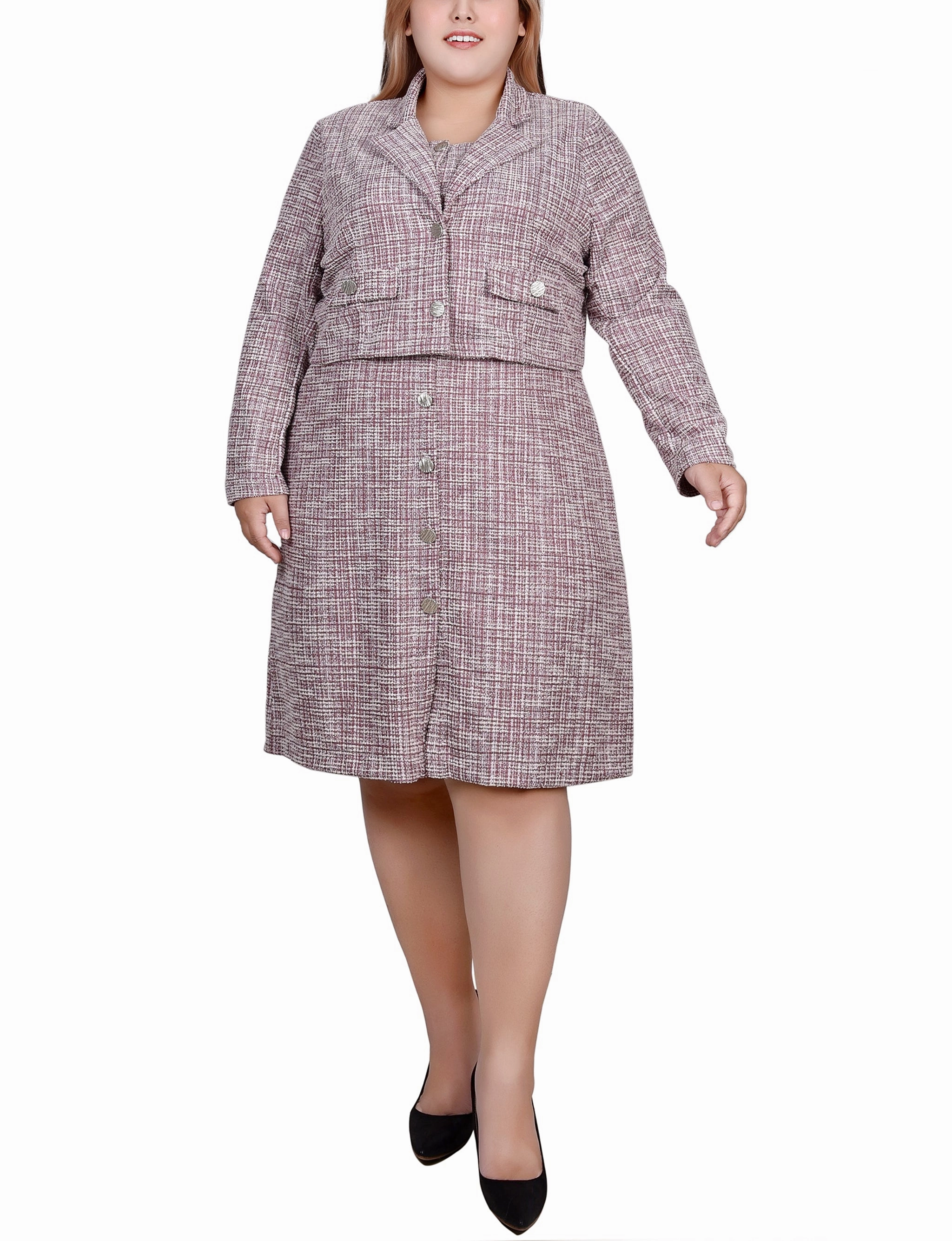 Plus Size Long Sleeve Tweed Dress Set Flatlock Stitching Technique