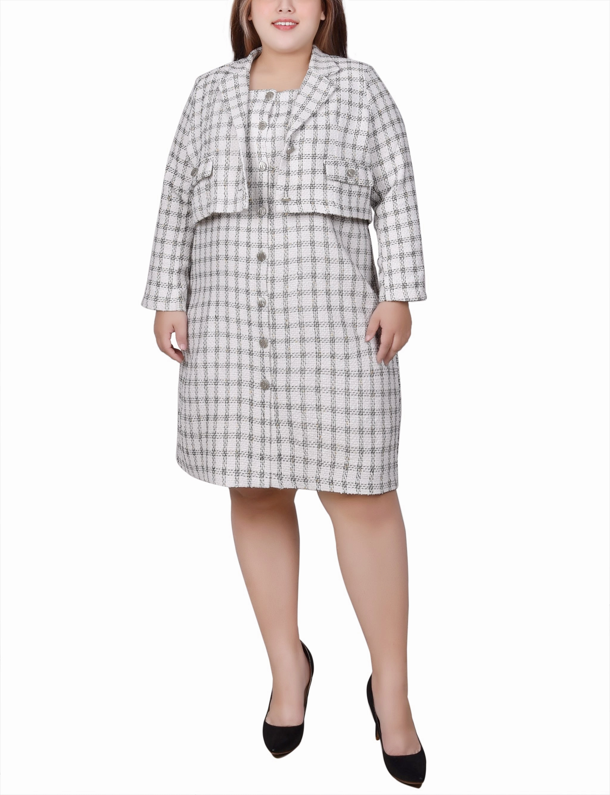 Plus Size Long Sleeve Tweed Dress Set Quick Dry Feature