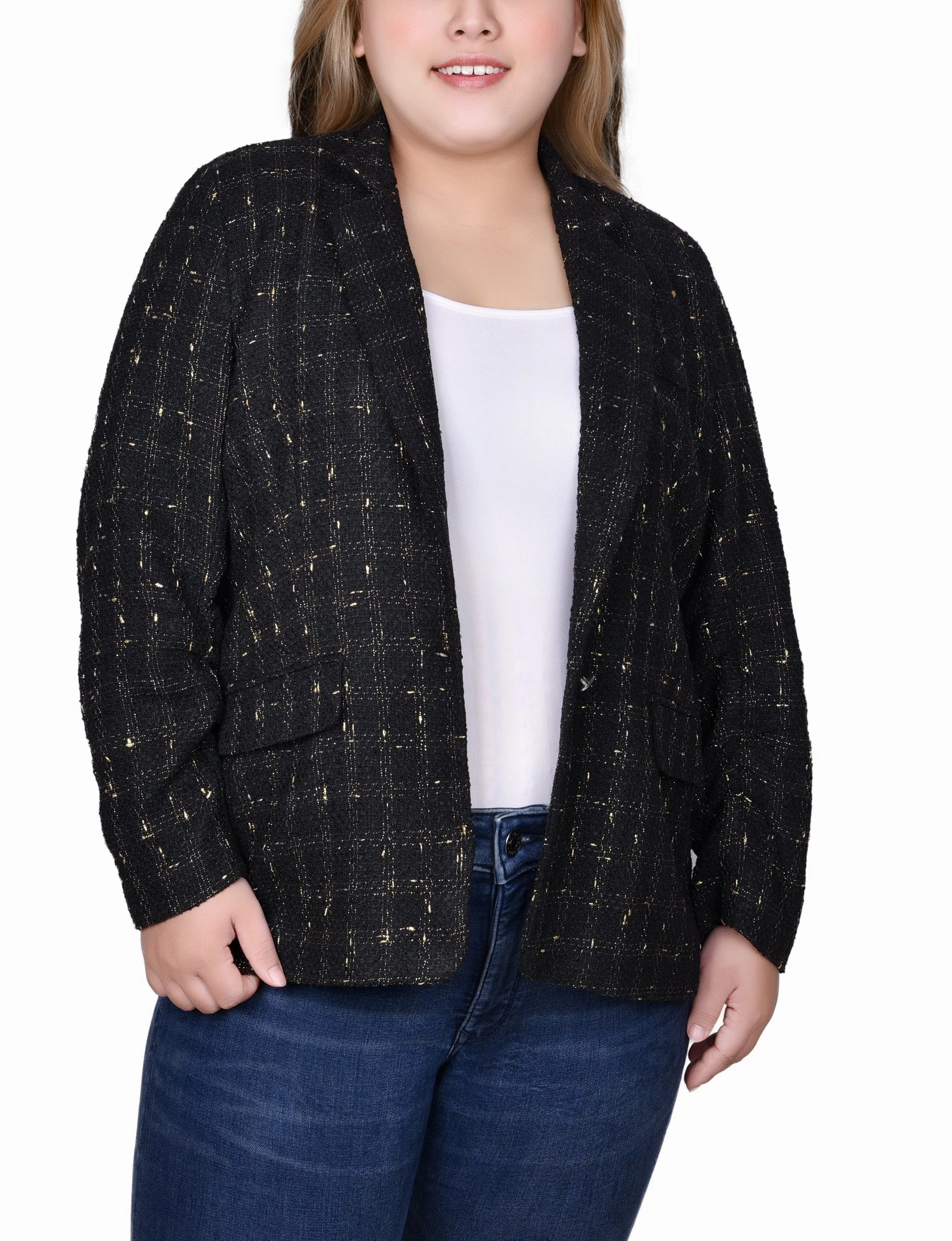 Stretchable Neckline SoftTouch Plus Size Long Sleeve Tweed Jacket