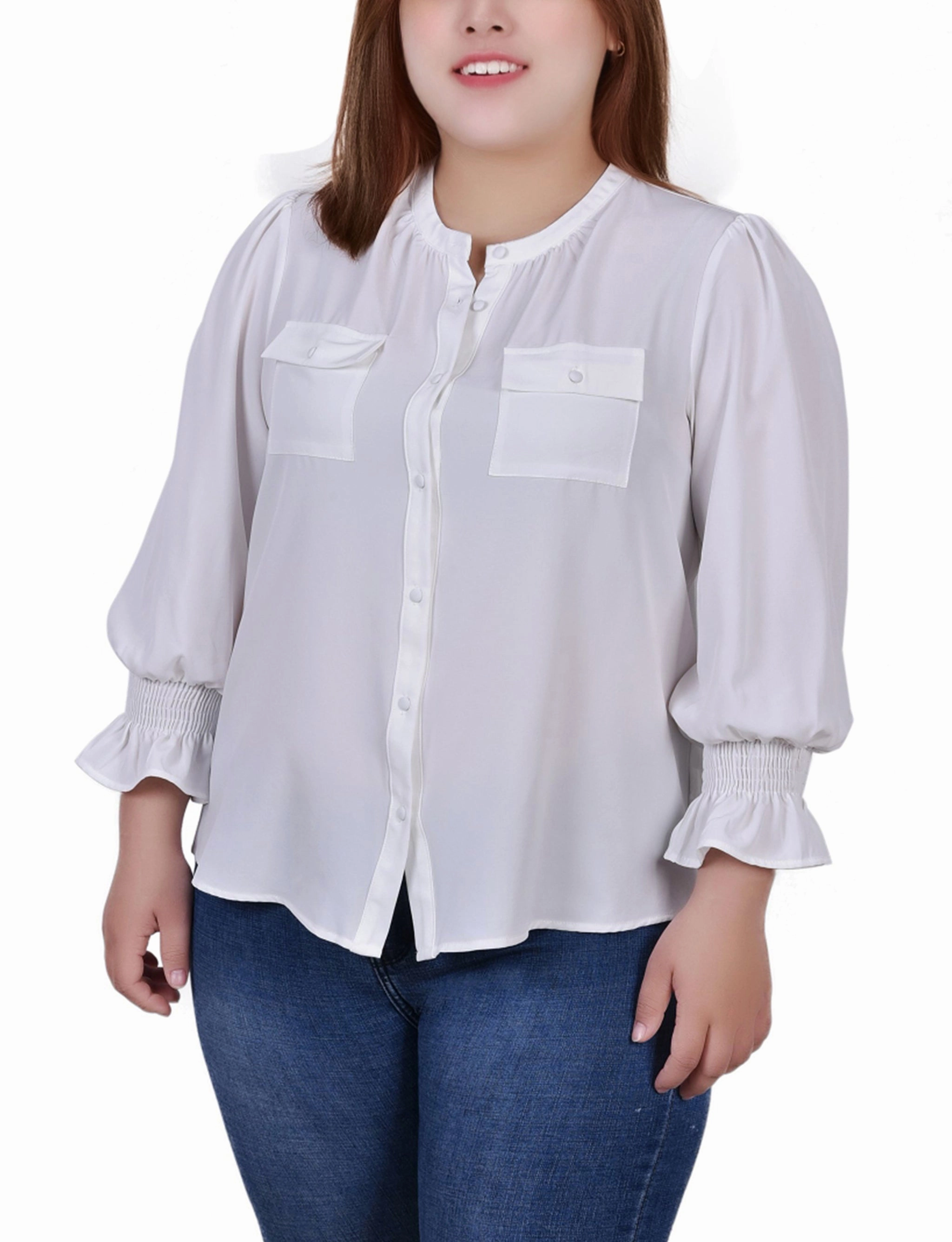 QuickReleaseFastenings FlexibleKnit Plus Size Long Sleeve Y Neck Blouse