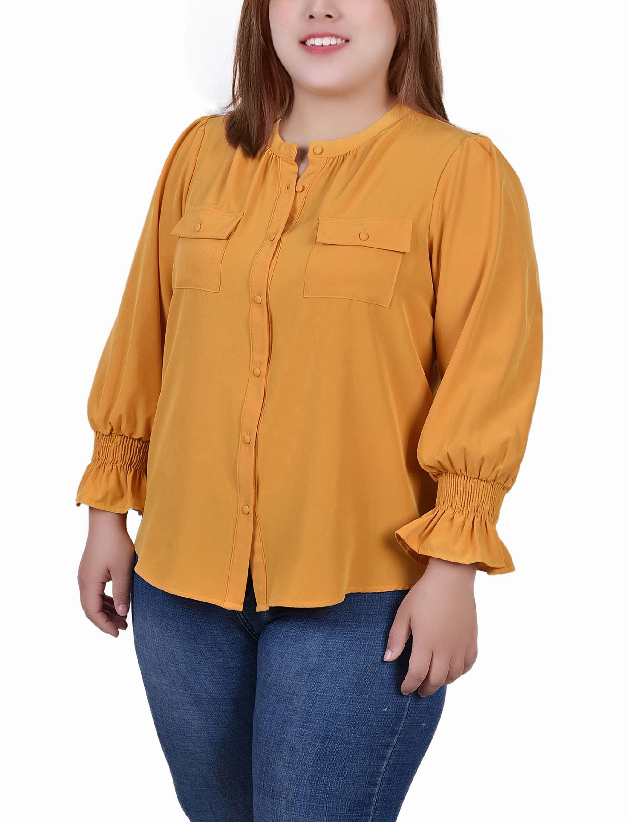Plus Size Long Sleeve Y Neck Blouse Reinforced Stress Points AthleisureInspired