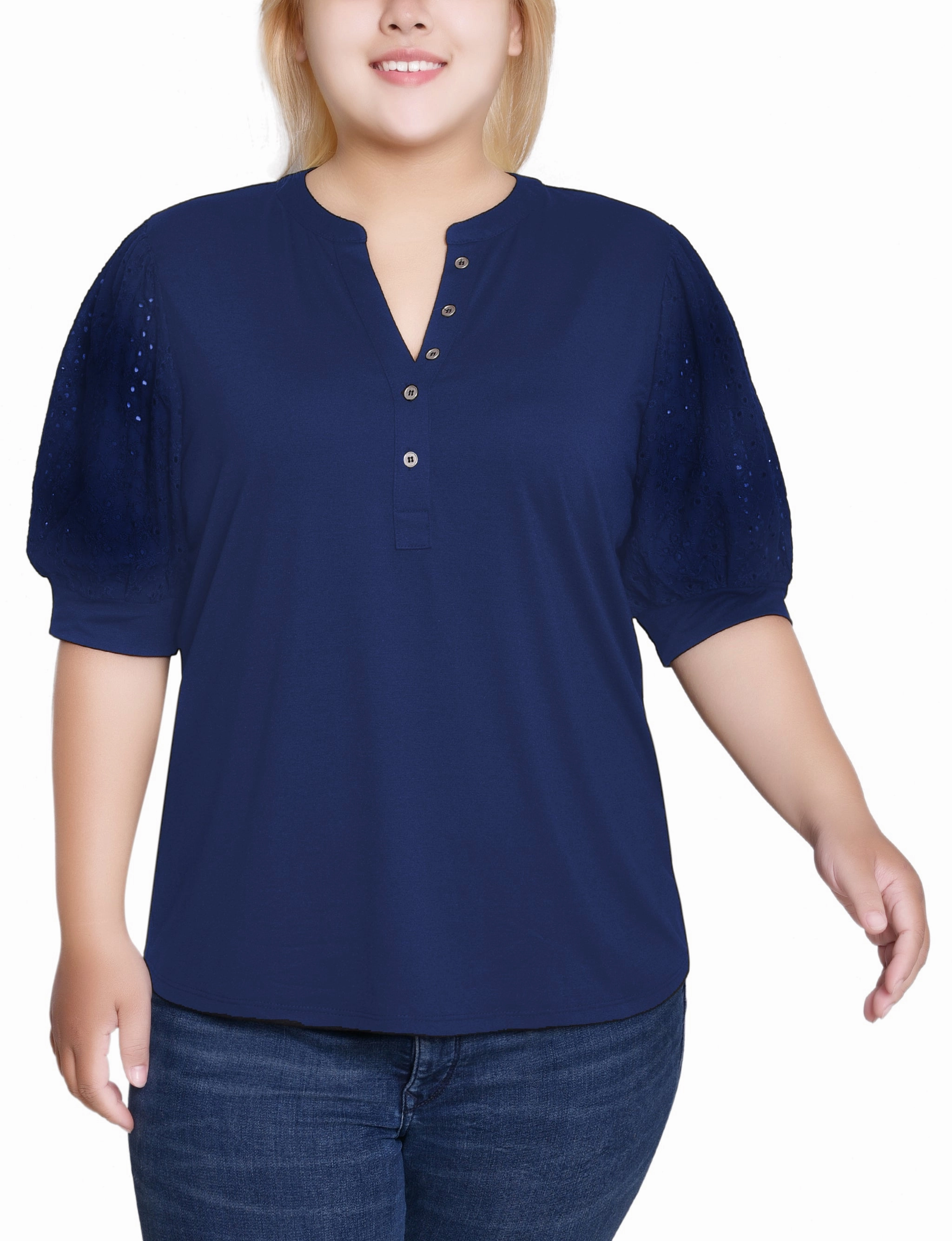 Layered Collar System Plus Size Puff Elbow Sleeve Top