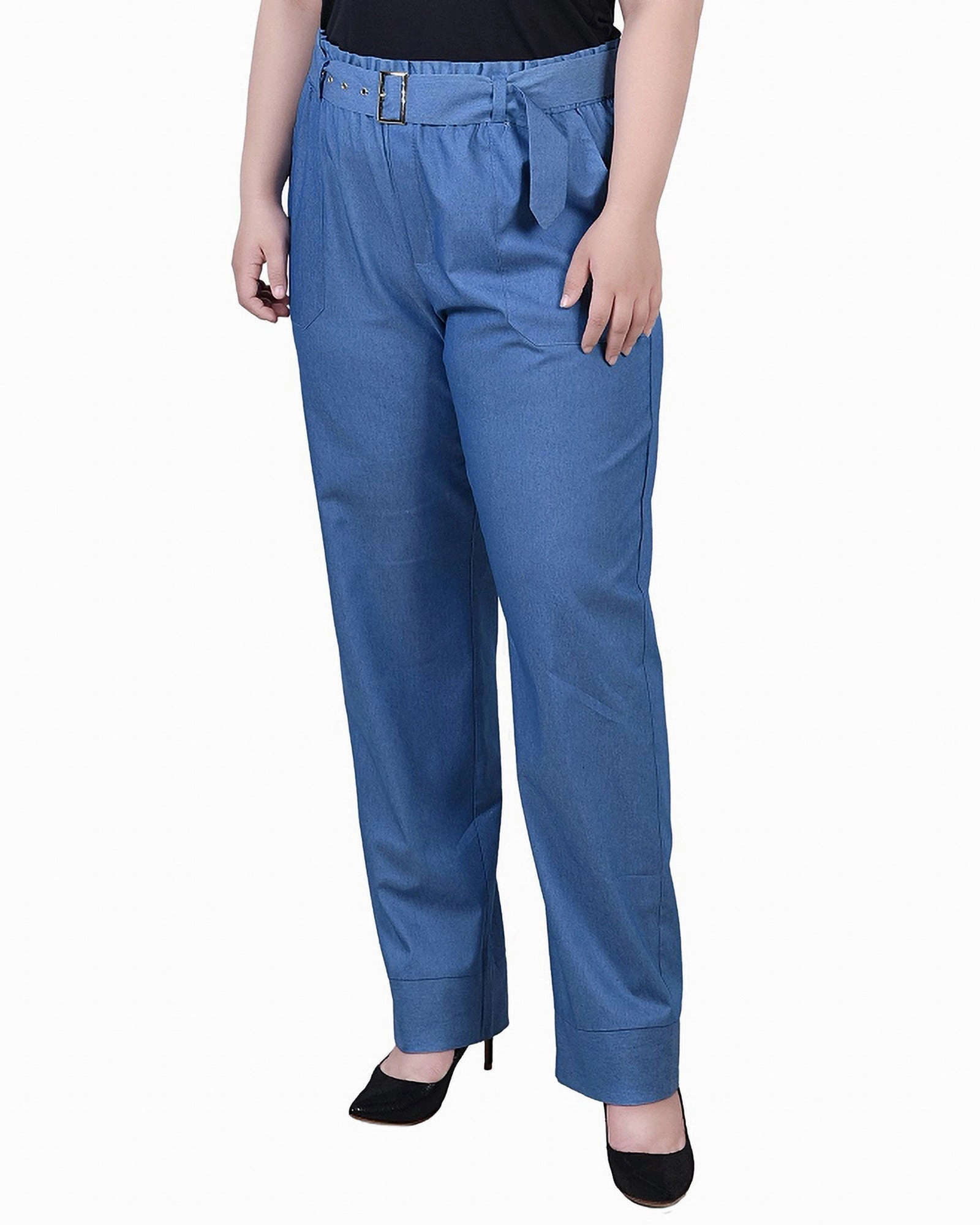 Plus Size Pull On Chambray Belted Pants Elastic Cuff