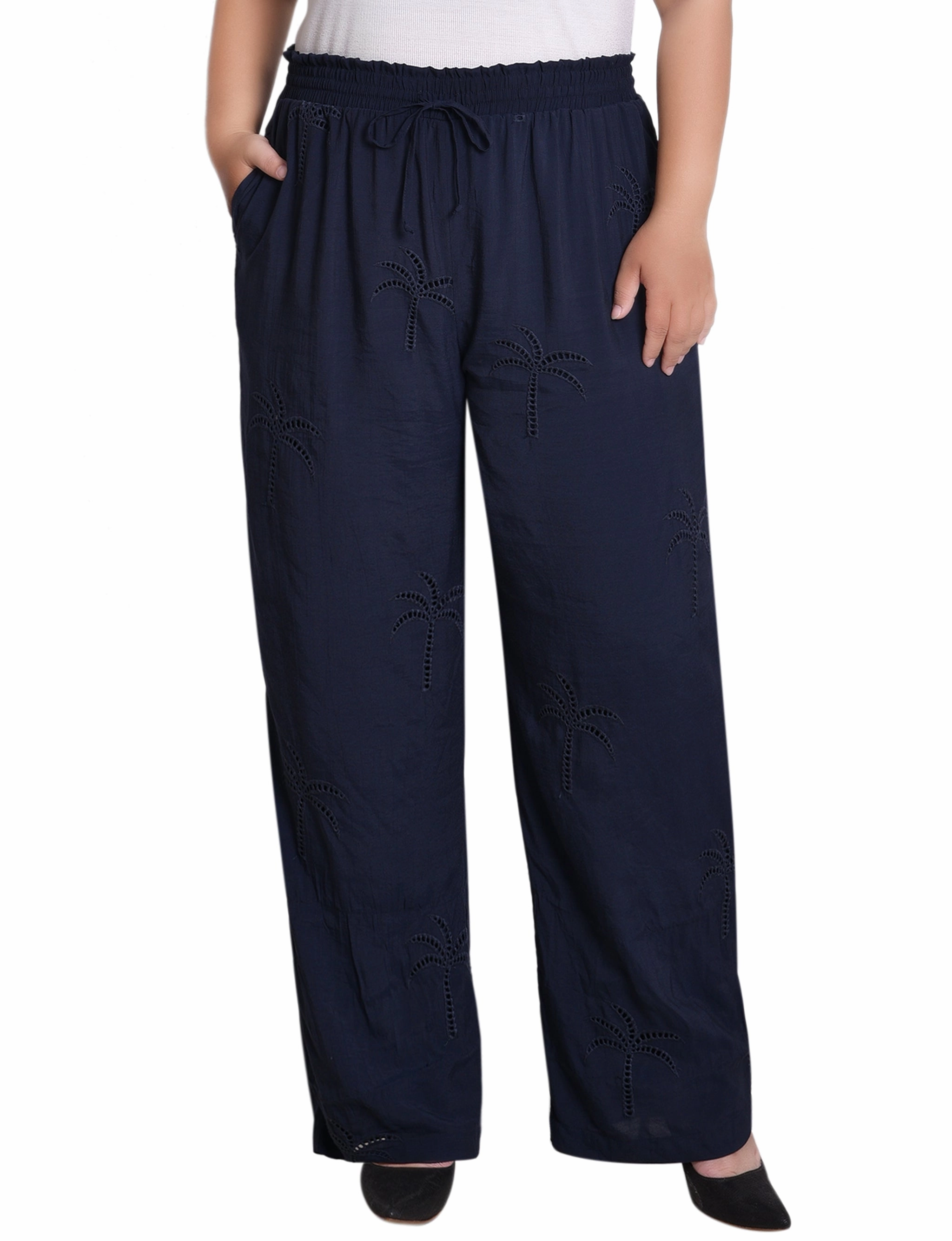 RipstopFabric Plus Size Pull On Pants With Embroidery