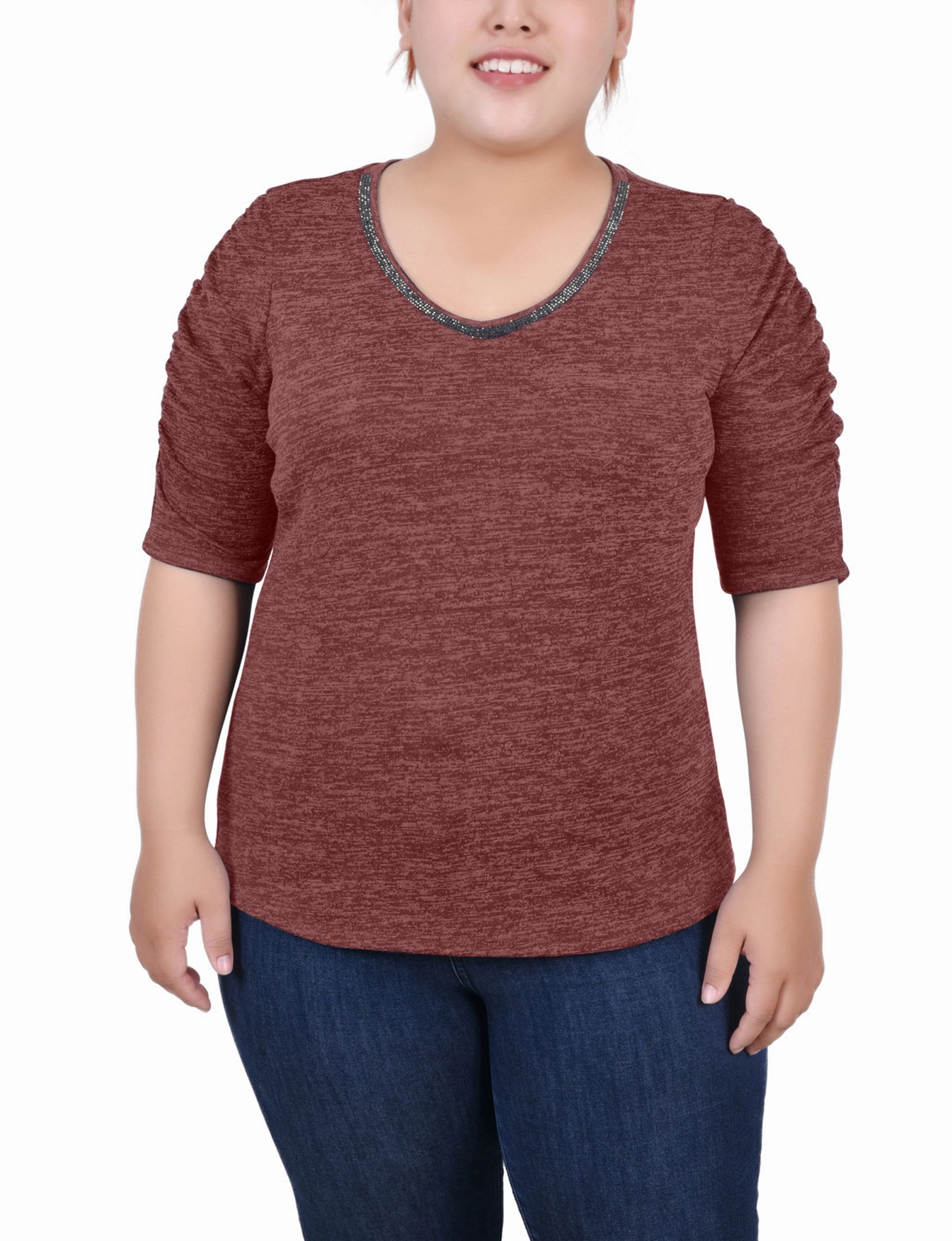 Plus Size Rouched Sleeve Top Tubular Body Construction Thermal Regulating Fabric